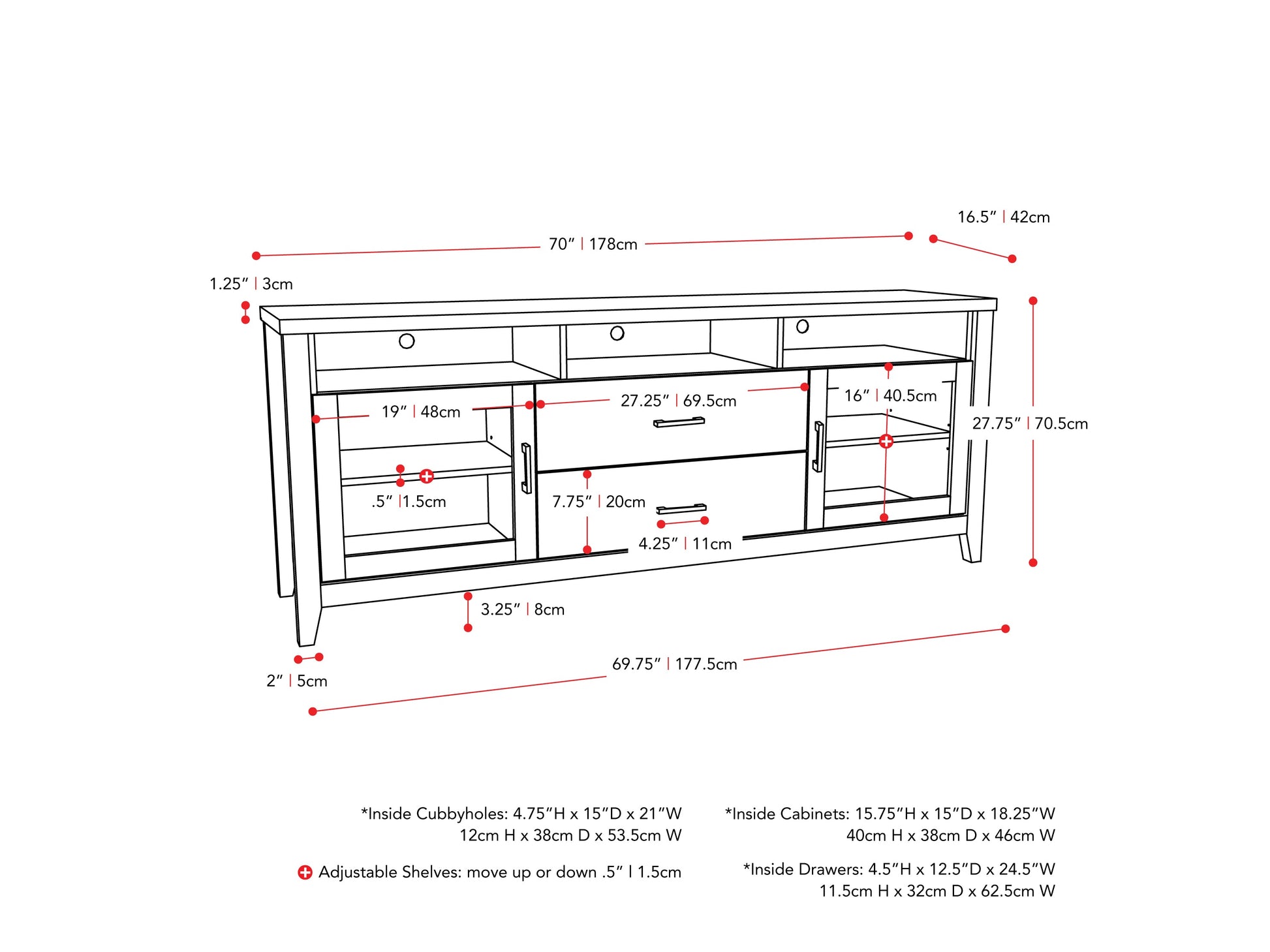 dark grey TV Cabinet with Drawers for TVs up to 85" Hollywood Collection measurements diagram by CorLiving#color_dark-grey