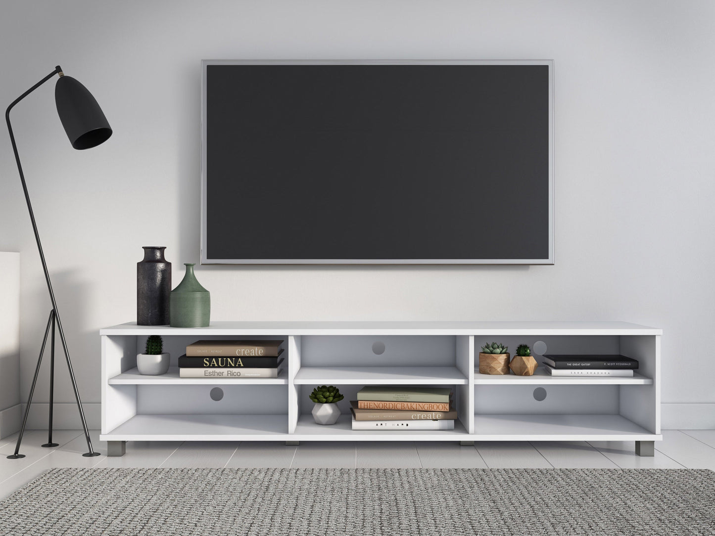 white Modern TV Stand for TVs up to 85" Hollywood Collection lifestyle scene by CorLiving#color_white