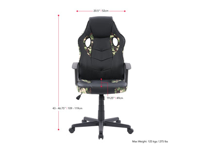 black and camo Gaming Chair with Wheels Mad Dog Collection measurements diagram by CorLiving#color_black-and-camo