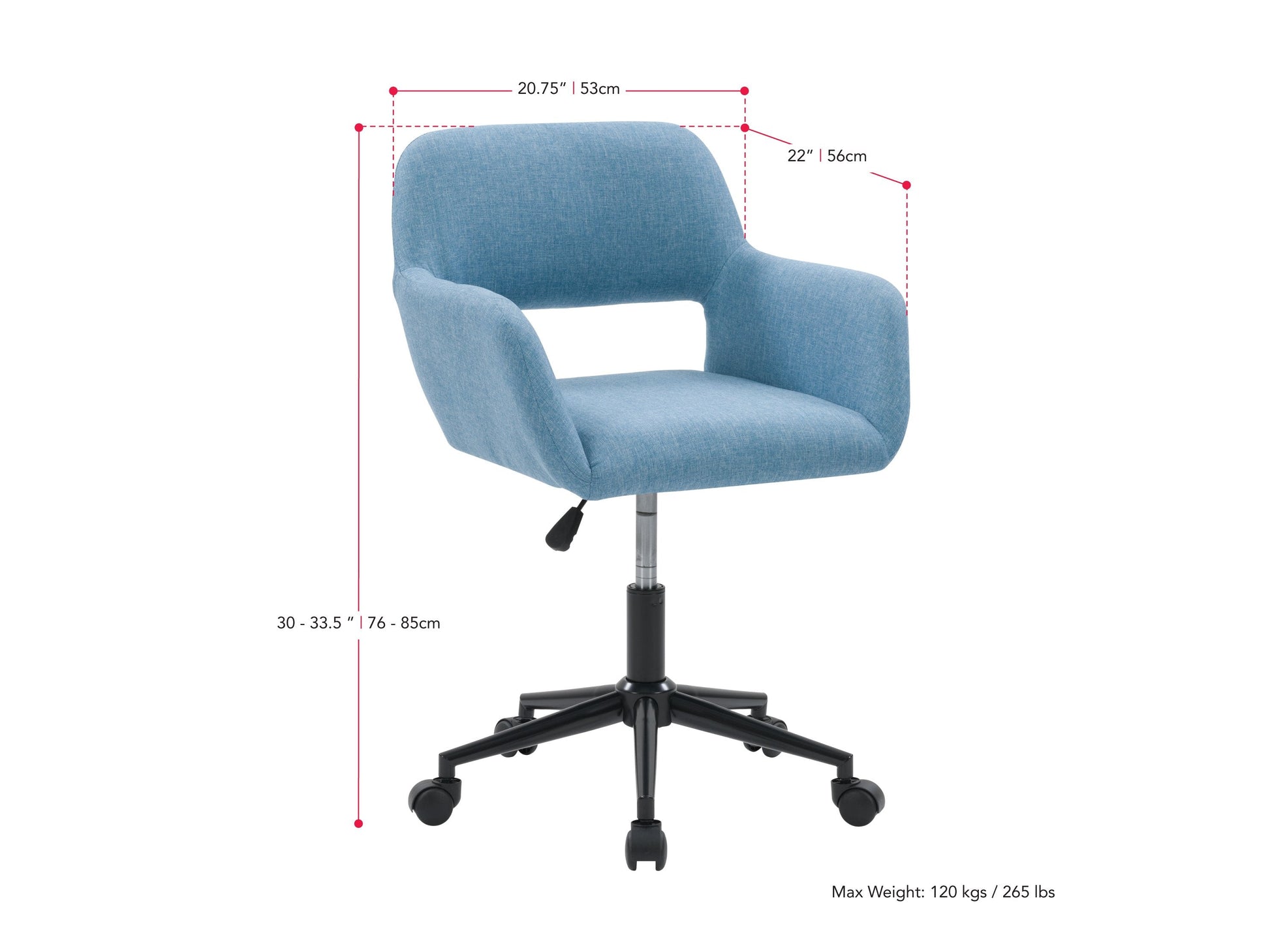 light blue Task Chair with Open Back Valerie Collection measurements diagram by CorLiving#color_light-blue