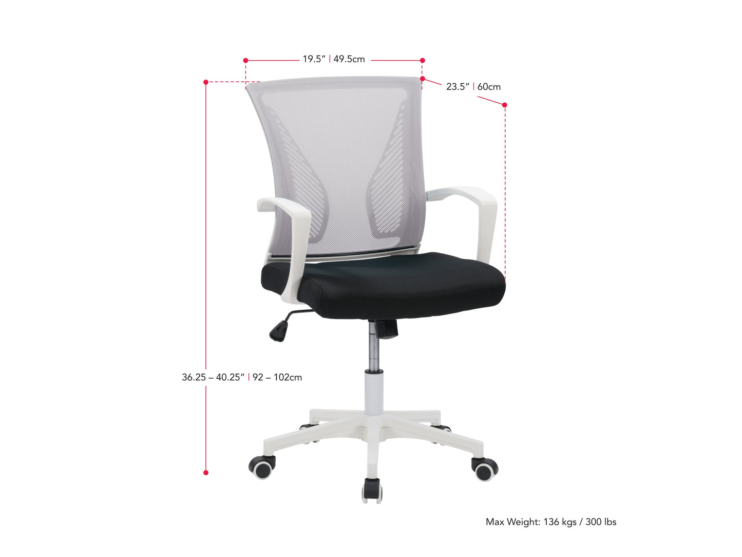 grey and black Mesh Task Chair Cooper Collection measurements diagram by CorLiving#color_grey-and-black