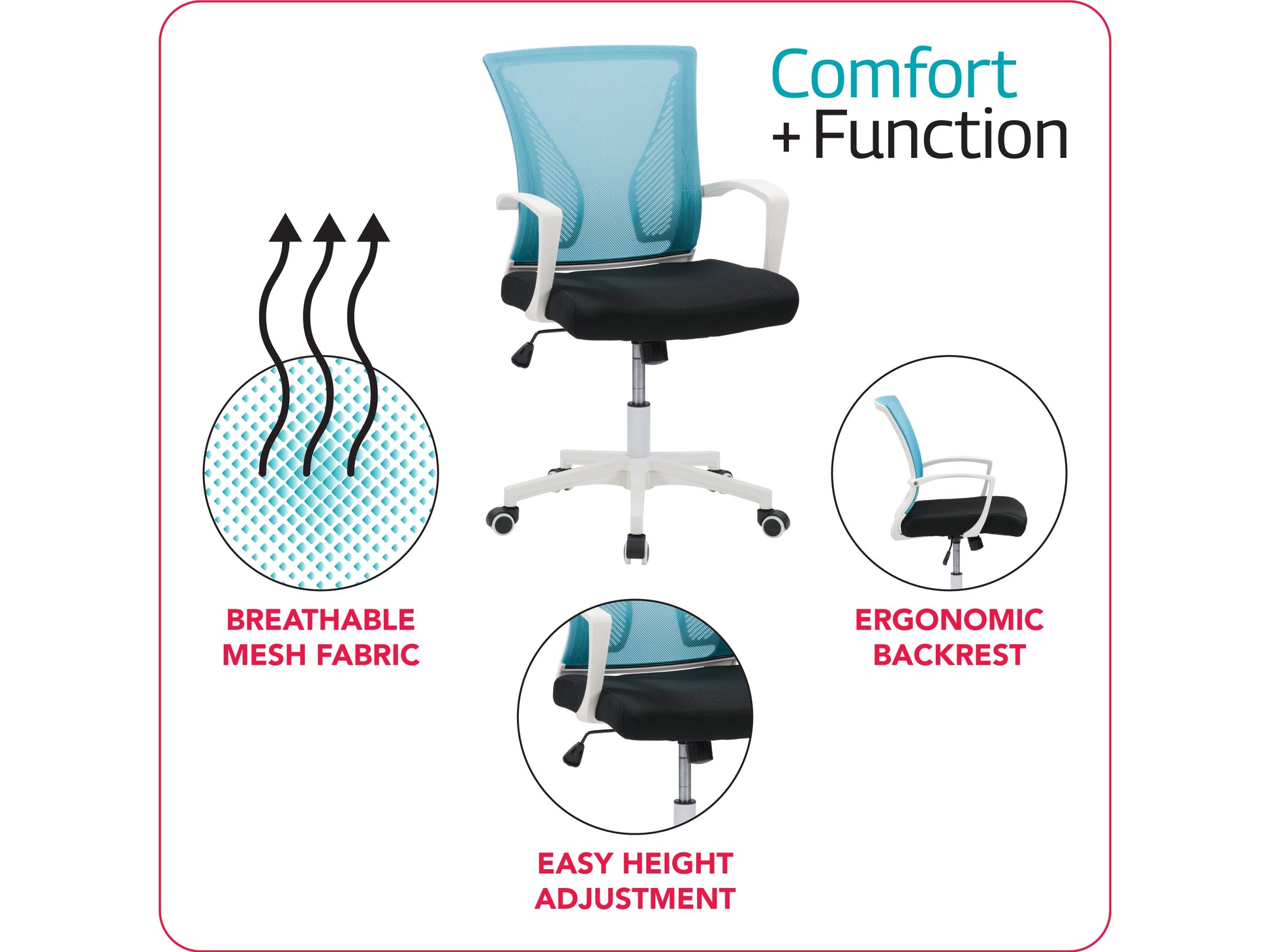 teal and black Mesh Task Chair Cooper Collection infographic by CorLiving#color_teal-and-black