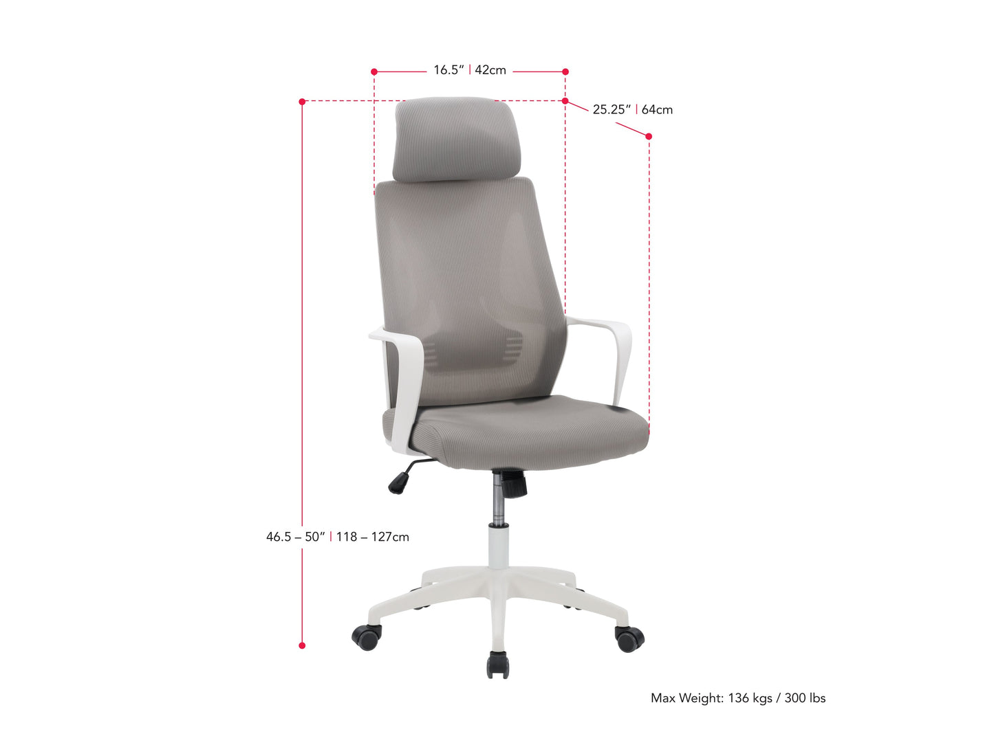 grey High Back Office Chair Ashton Collection measurements diagram by CorLiving#color_grey