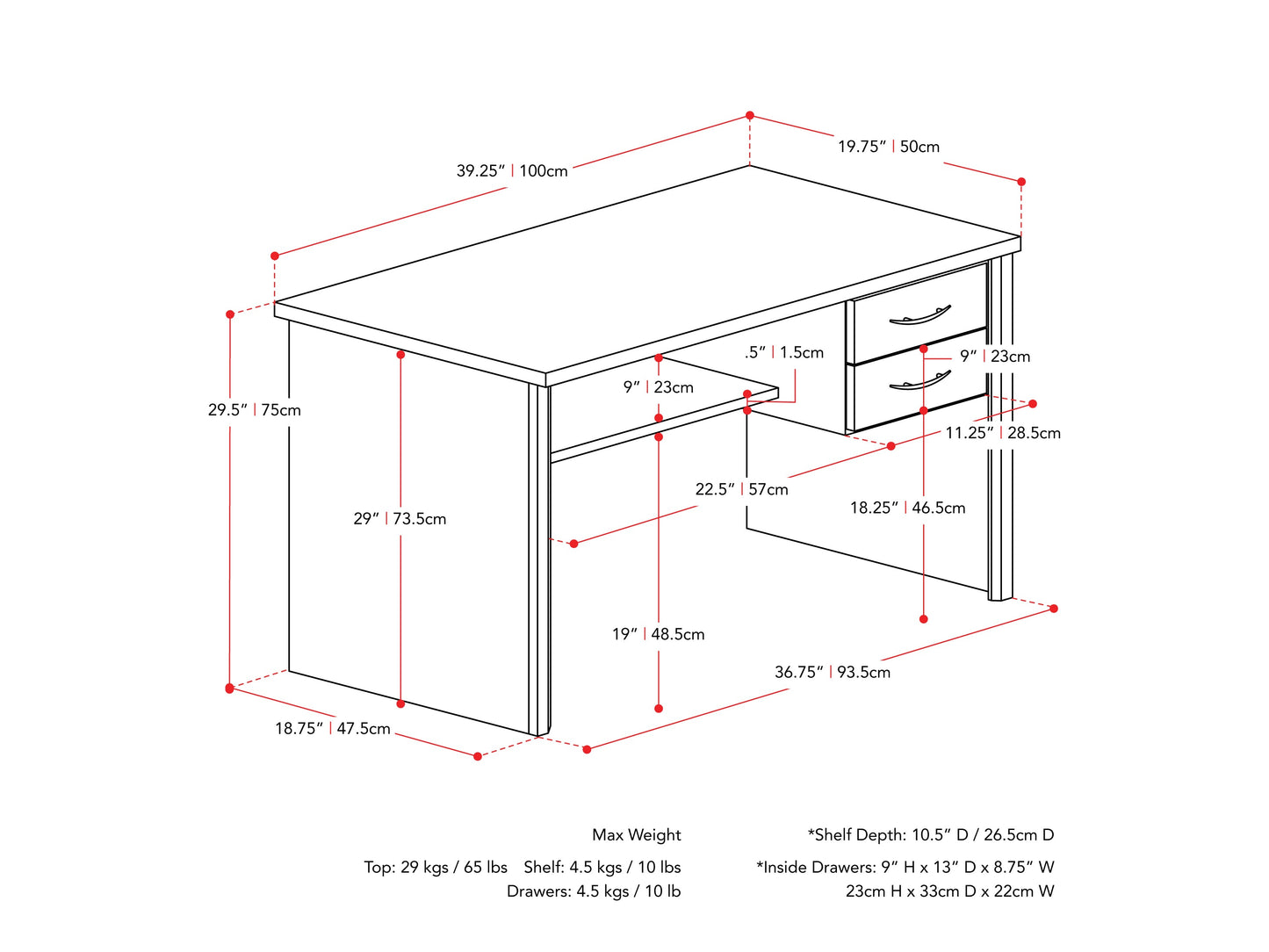 brown Desk with Drawers Kingston Collection measurements diagram by CorLiving#color_brown