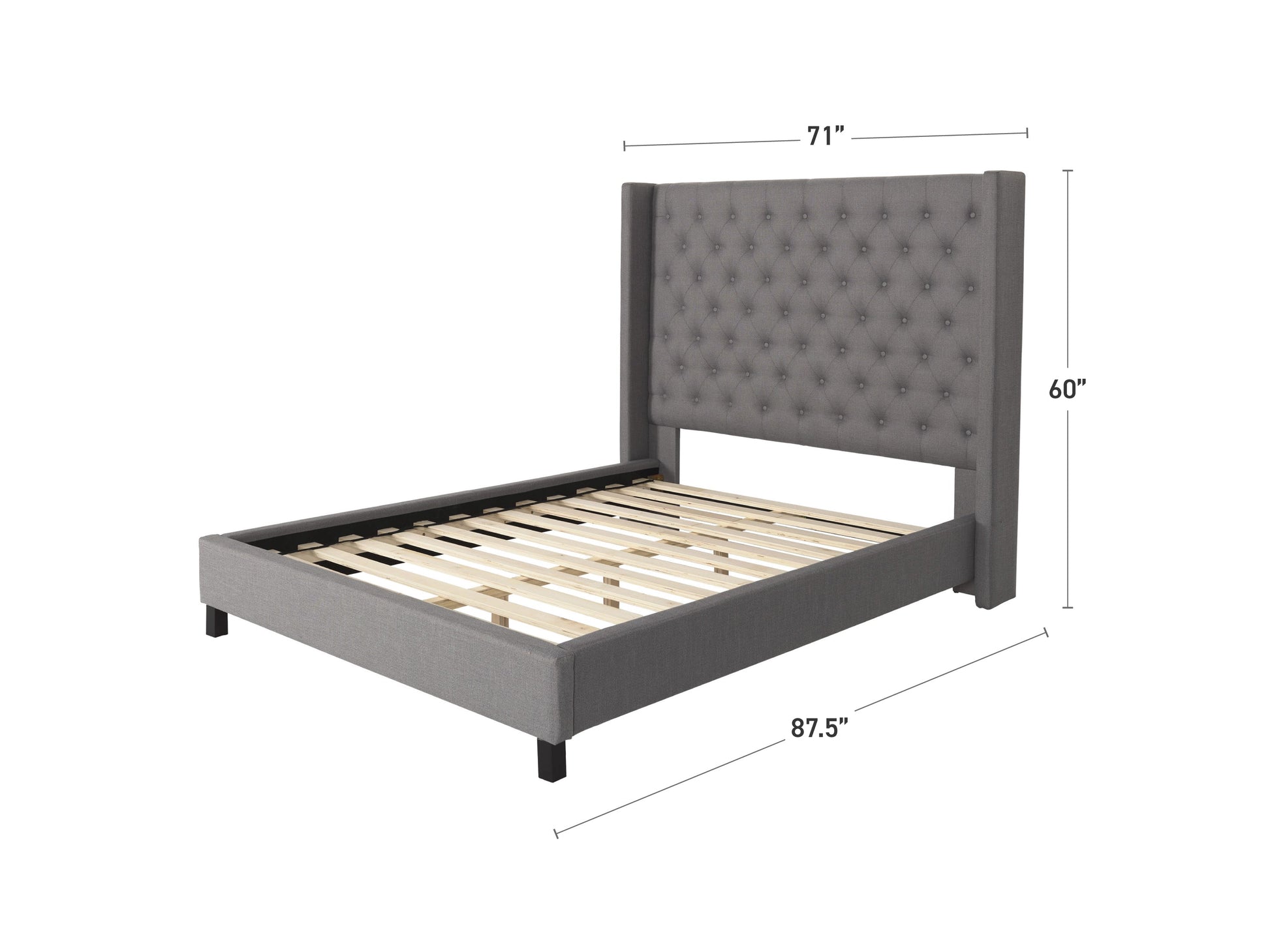 grey Tufted Queen Bed with Slats Fairfield Collection measurements diagram by CorLiving#color_grey