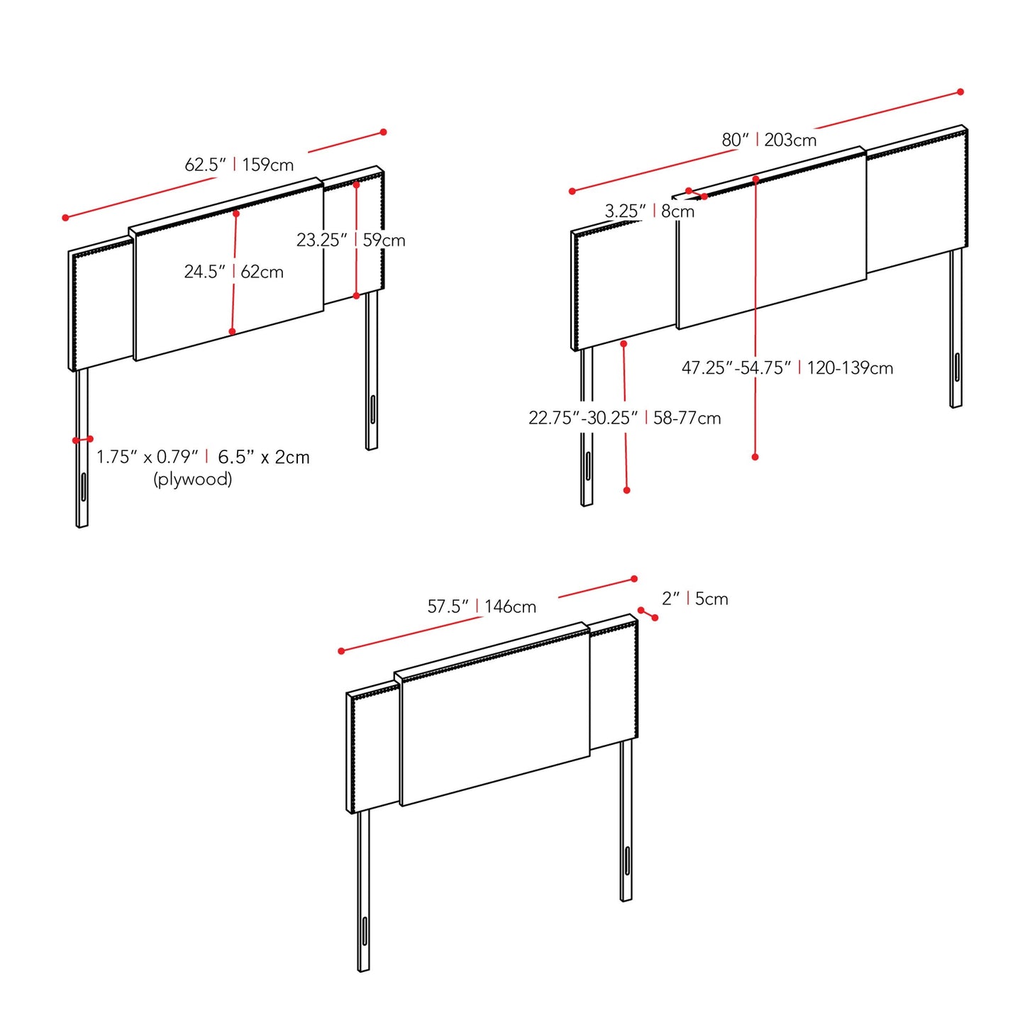 dark grey Expandable Headboard, Full / Queen / King Mia Collection measurements diagram by CorLiving#color_dark-grey