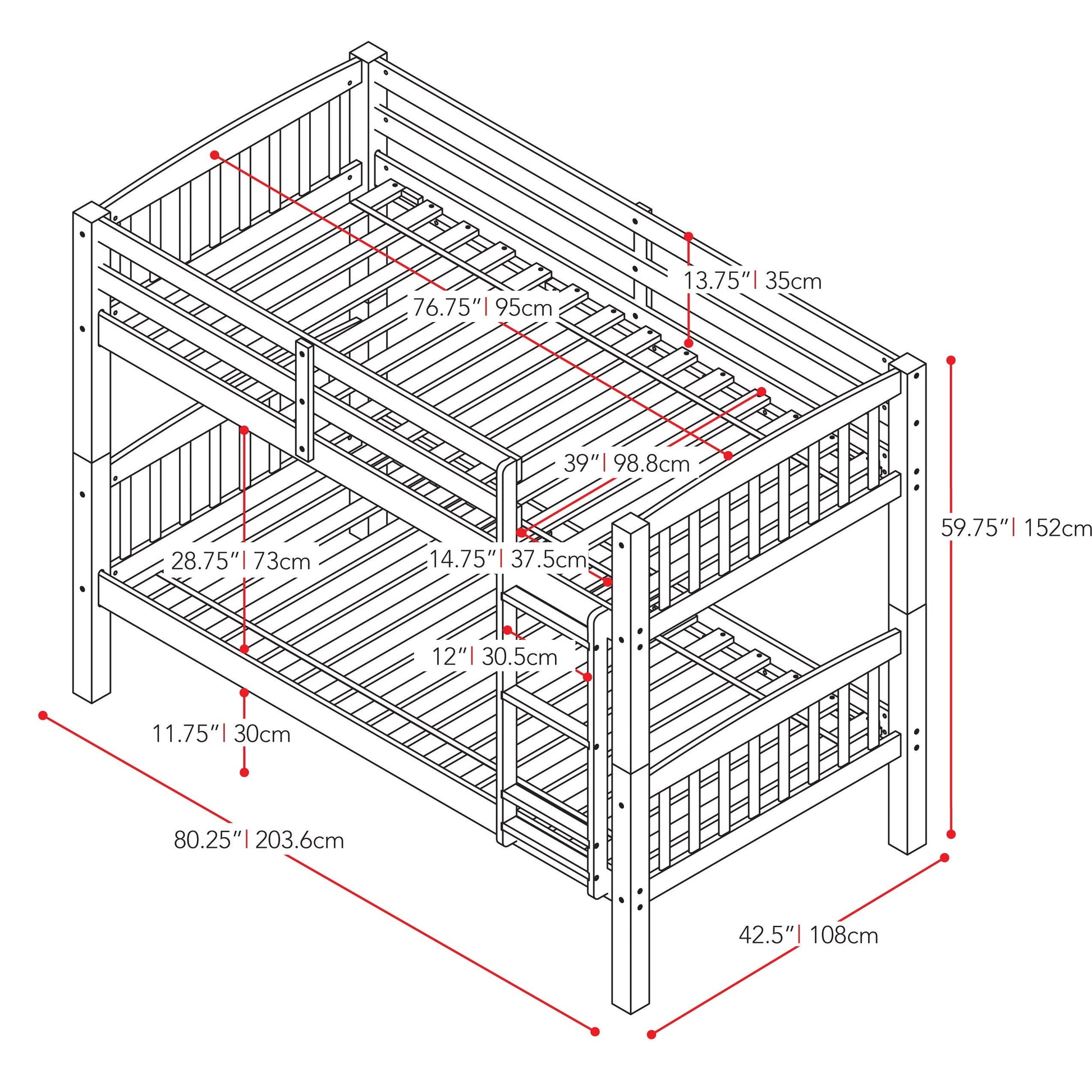 white Wooden Bunk Bed Dakota Collection measurements diagram by CorLiving#color_white