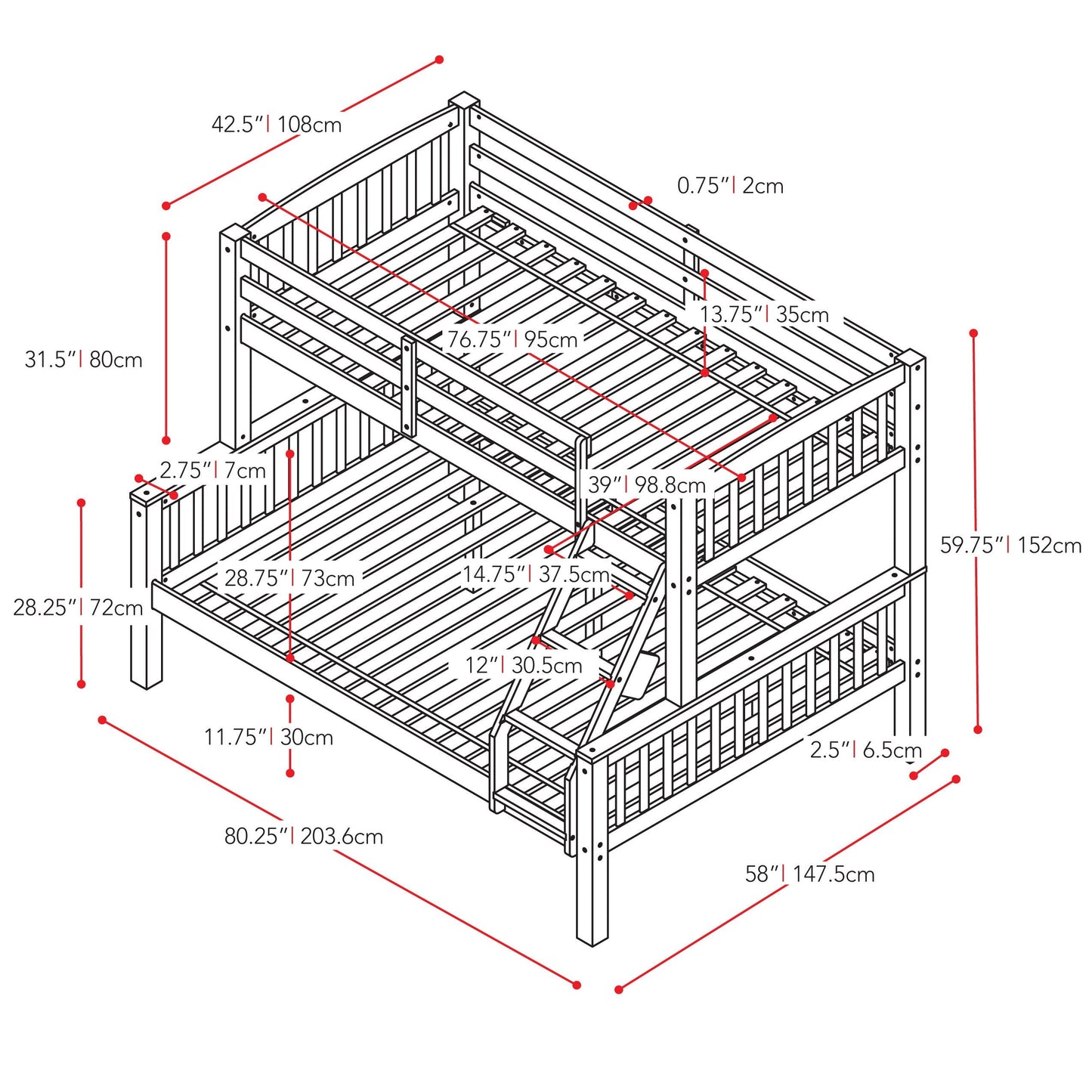 white Twin Over Full Bunk Bed Dakota Collection measurements diagram by CorLiving#color_white