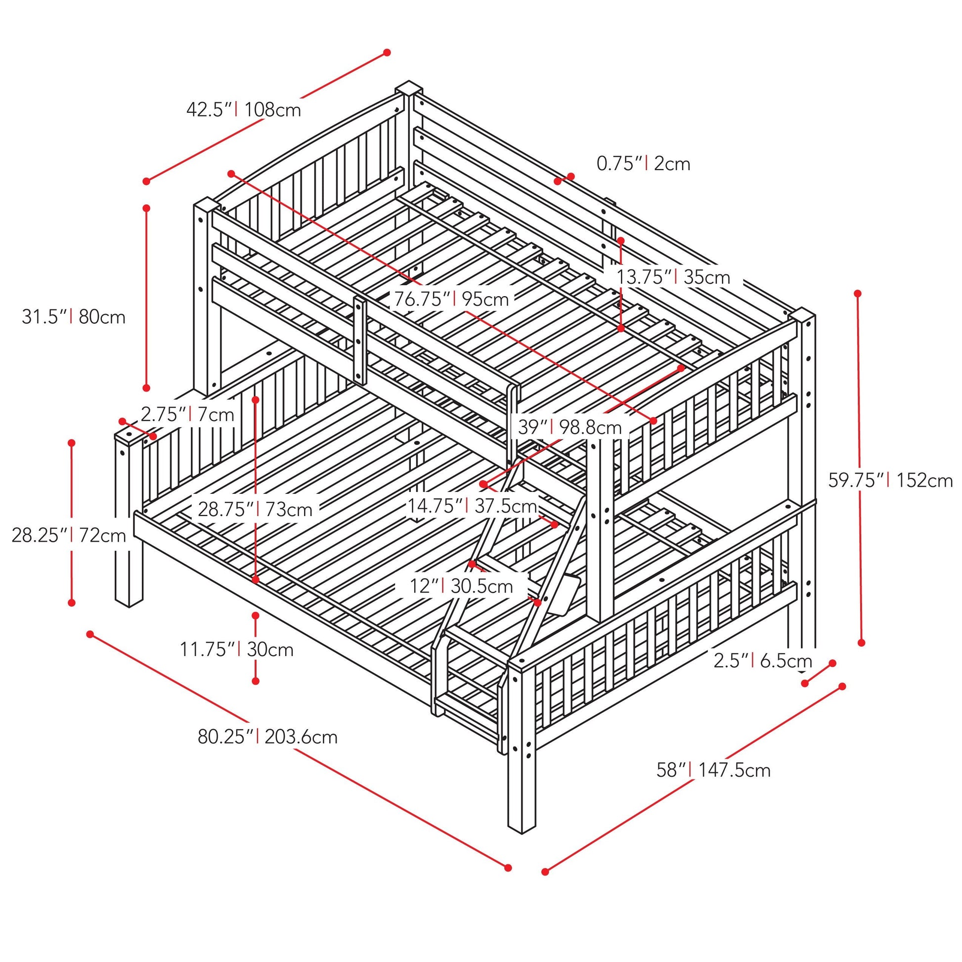white Twin Over Full Bunk Bed Dakota Collection measurements diagram by CorLiving#color_white
