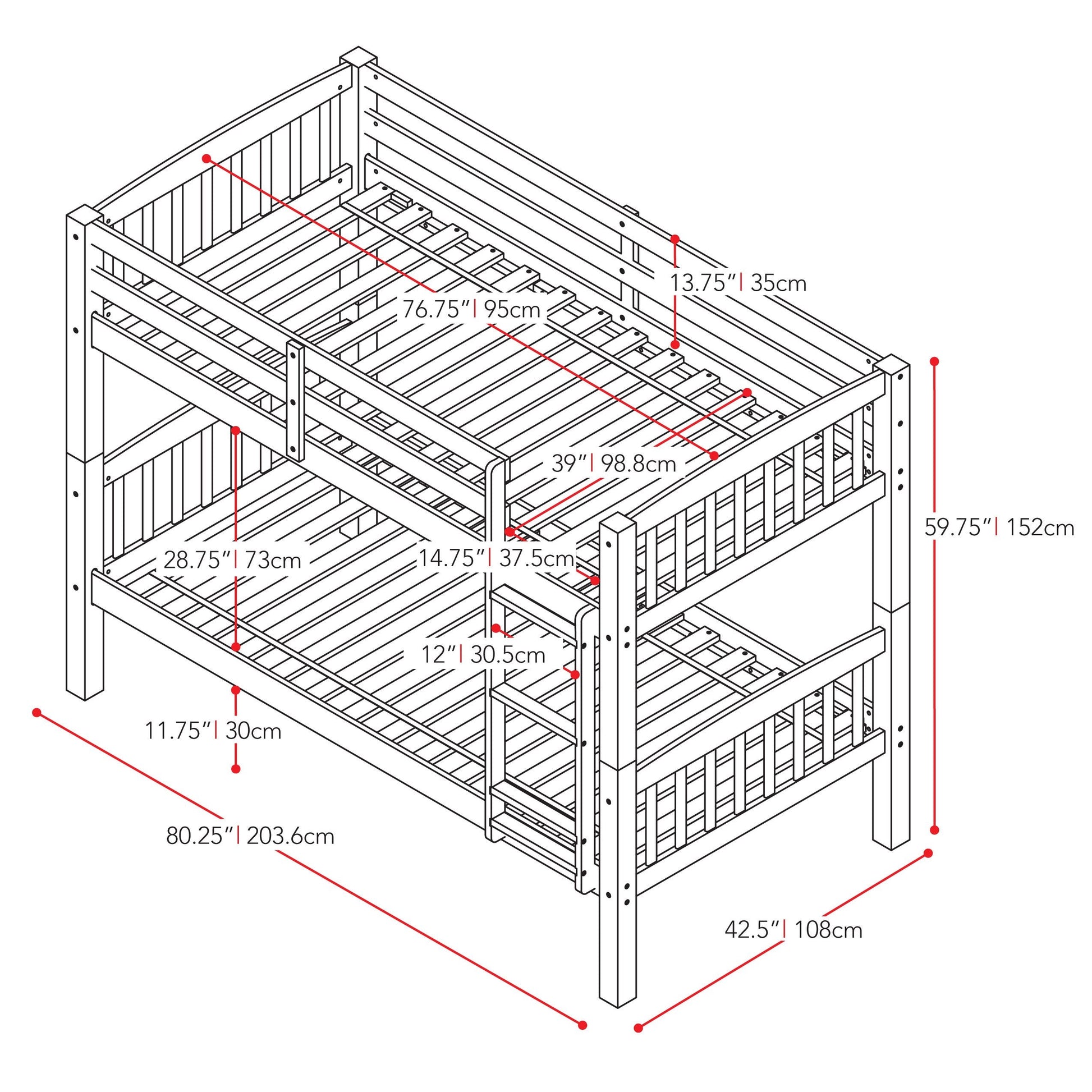 walnut brown Wooden Bunk Bed Dakota Collection measurements diagram by CorLiving#color_walnut-brown