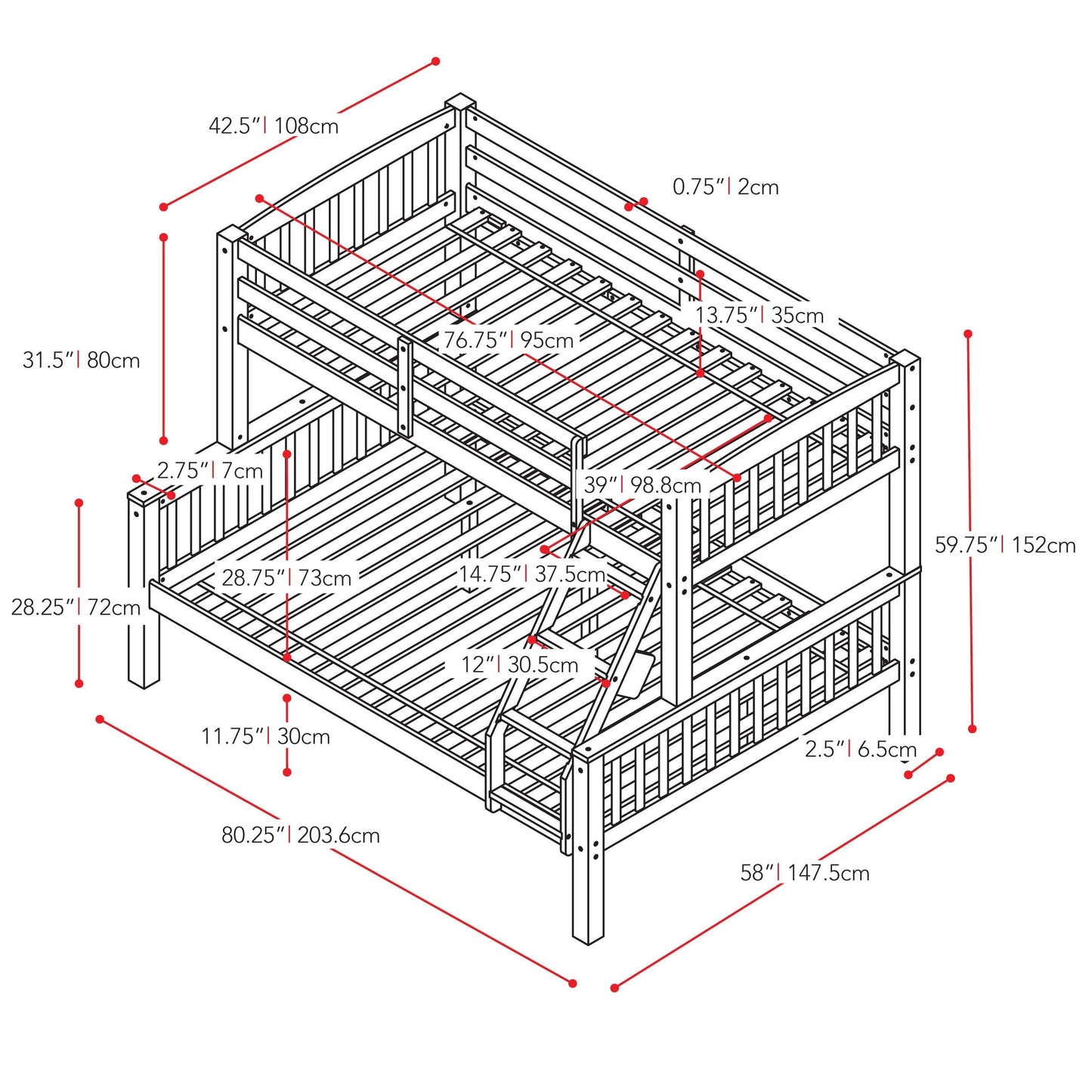 walnut brown Twin Over Full Bunk Bed Dakota Collection measurements diagram by CorLiving#color_walnut-brown