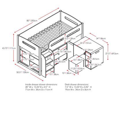 espresso Twin Loft Bed with Desk Mika Collection measurements diagram by CorLiving#color_espresso