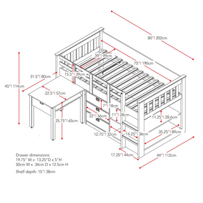 white Twin Loft Bed with Storage Mina Collection measurements diagram by CorLiving#color_white
