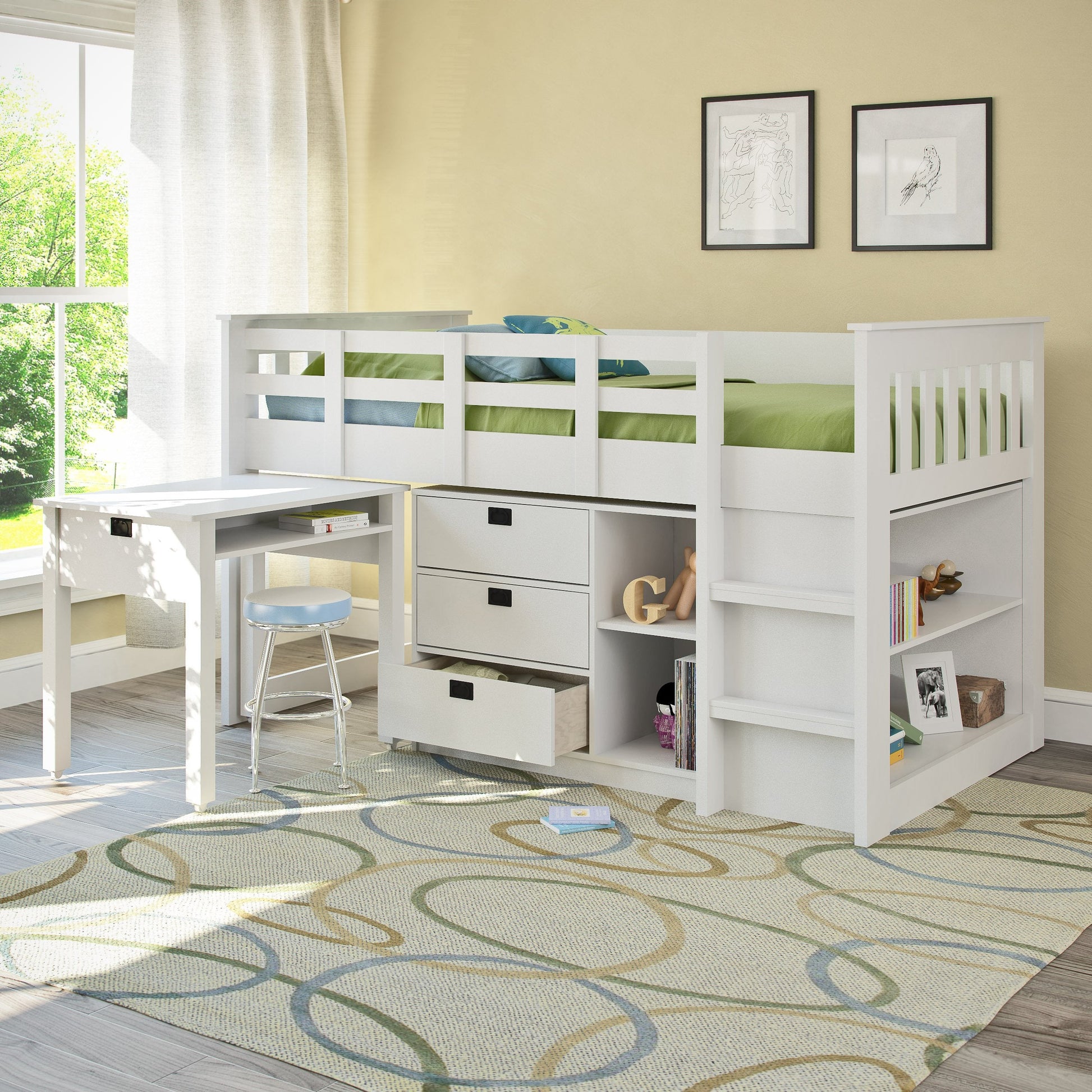 white Twin Loft Bed with Storage Mina Collection lifestyle scene by CorLiving#color_white