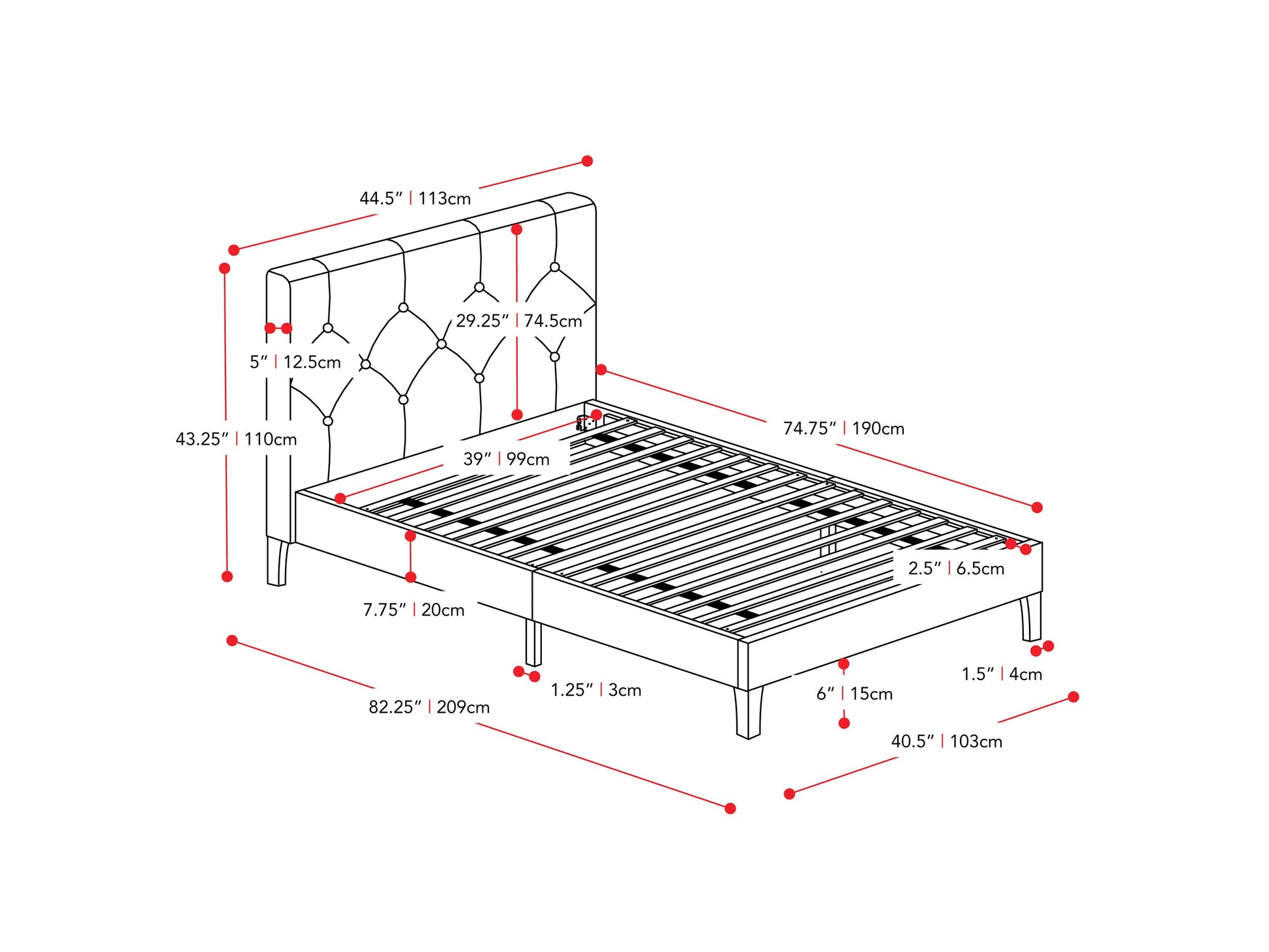 ocean blue Button Tufted Twin / Single Bed Nova Ridge Collection measurements diagram by CorLiving#color_nova-ridge-ocean-blue