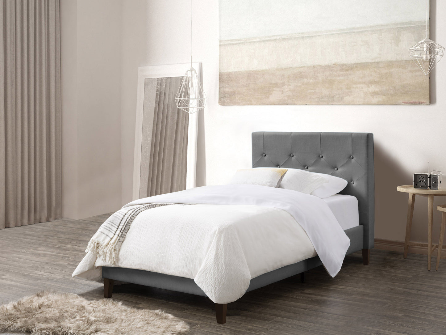 light grey Button Tufted Twin / Single Bed Nova Ridge Collection lifestyle scene by CorLiving#color_nova-ridge-light-grey
