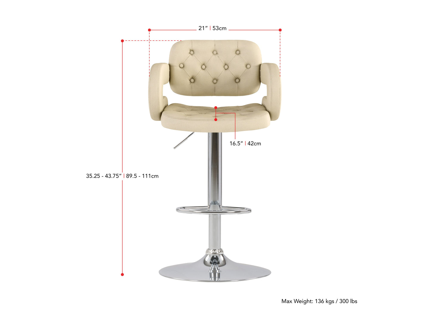 oatmeal Bar Stools with Arms Set of 2 Jude Collection measurements diagram by CorLiving#color_oatmeal