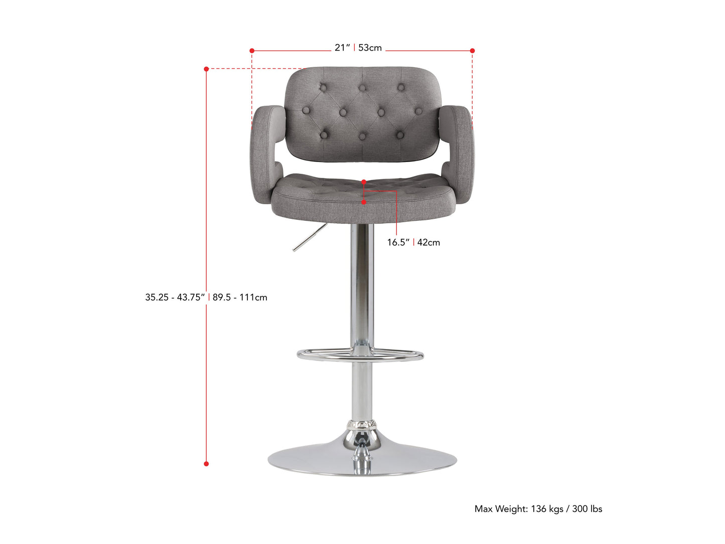 medium grey Bar Stools with Arms Set of 2 Jude Collection measurements diagram by CorLiving#color_medium-grey