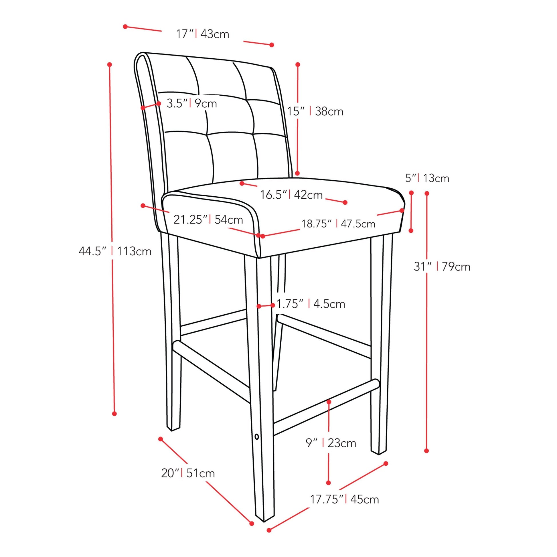 black Bar Height Bar Stool Antonio Collection measurements diagram by CorLiving#color_black