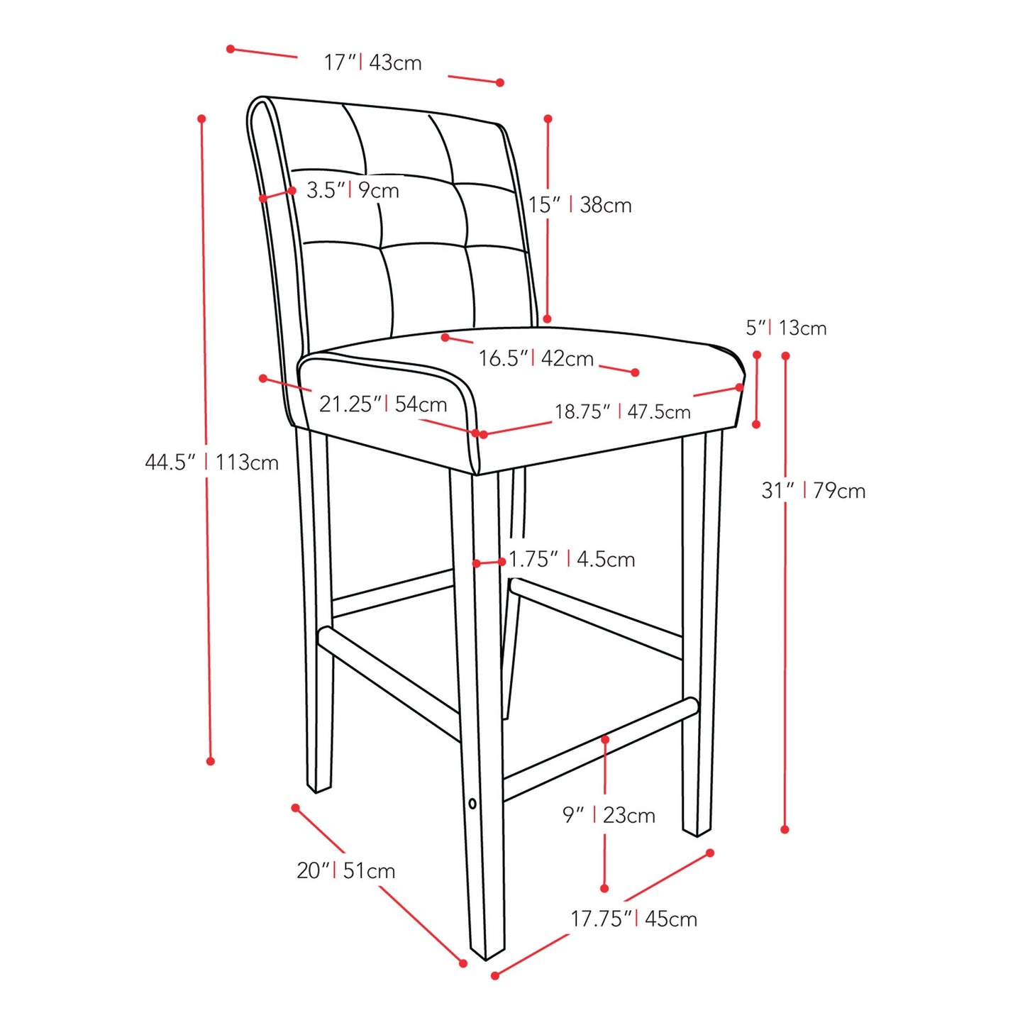 cream Bar Height Bar Stool Antonio Collection measurements diagram by CorLiving#color_cream