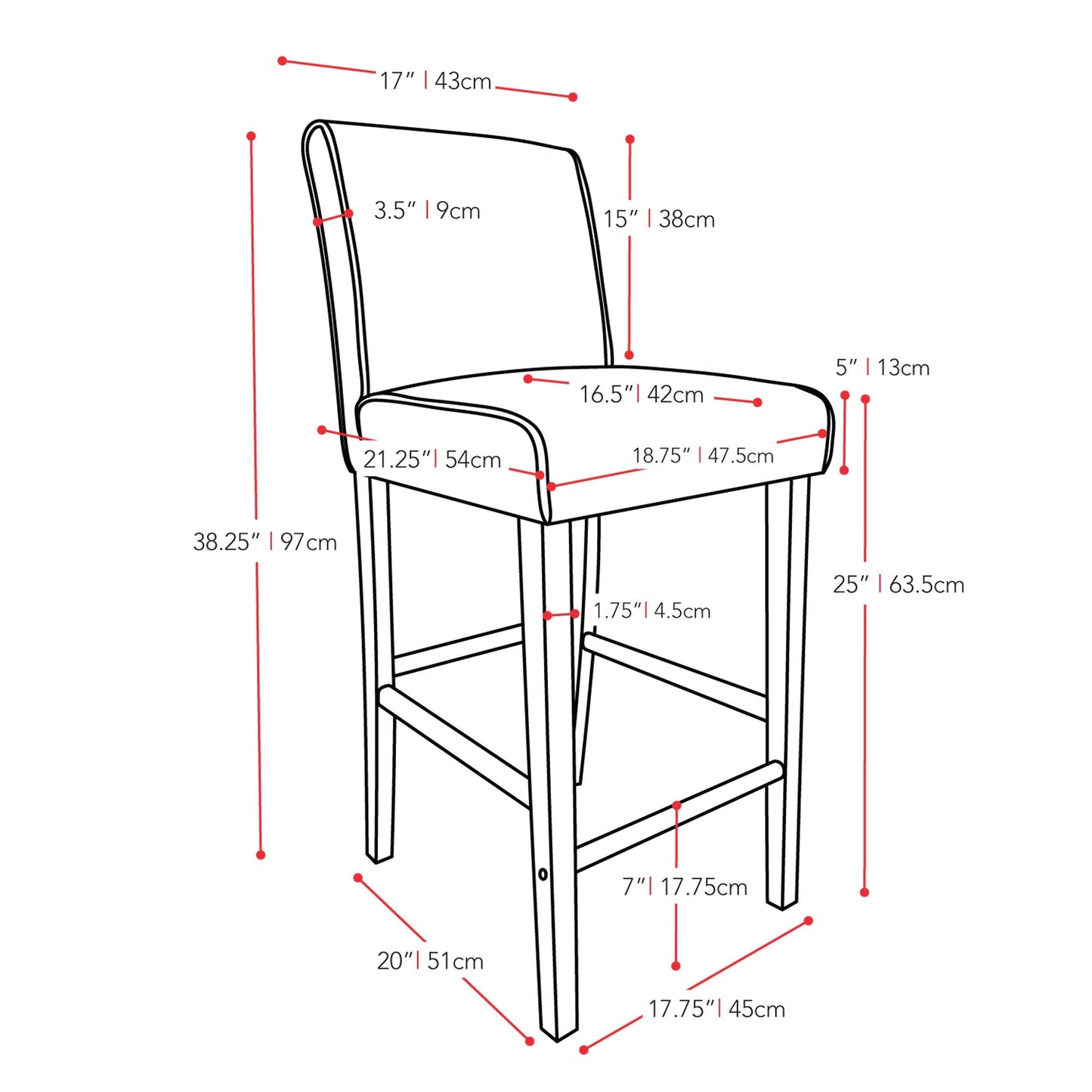 black Wooden Bar Stool Counter Height Ira Collection measurements diagram by CorLiving#color_black