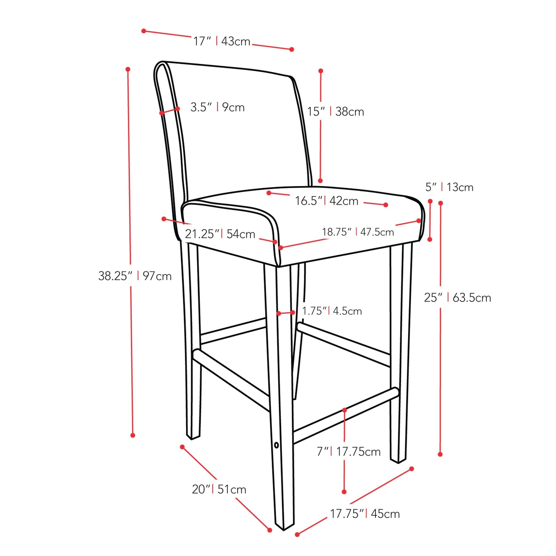 red Wooden Bar Stool Counter Height Ira Collection measurements diagram by CorLiving#color_red