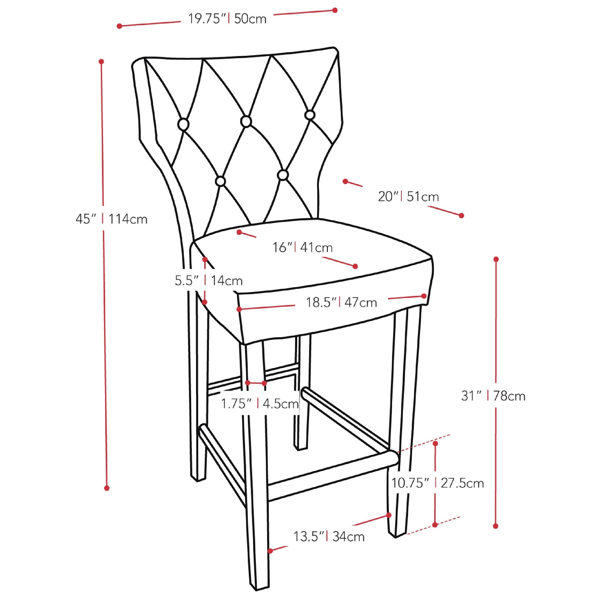 black Bar Stools with Backs Set of 2 CorLiving Collection measurements diagram by CorLiving#color_black