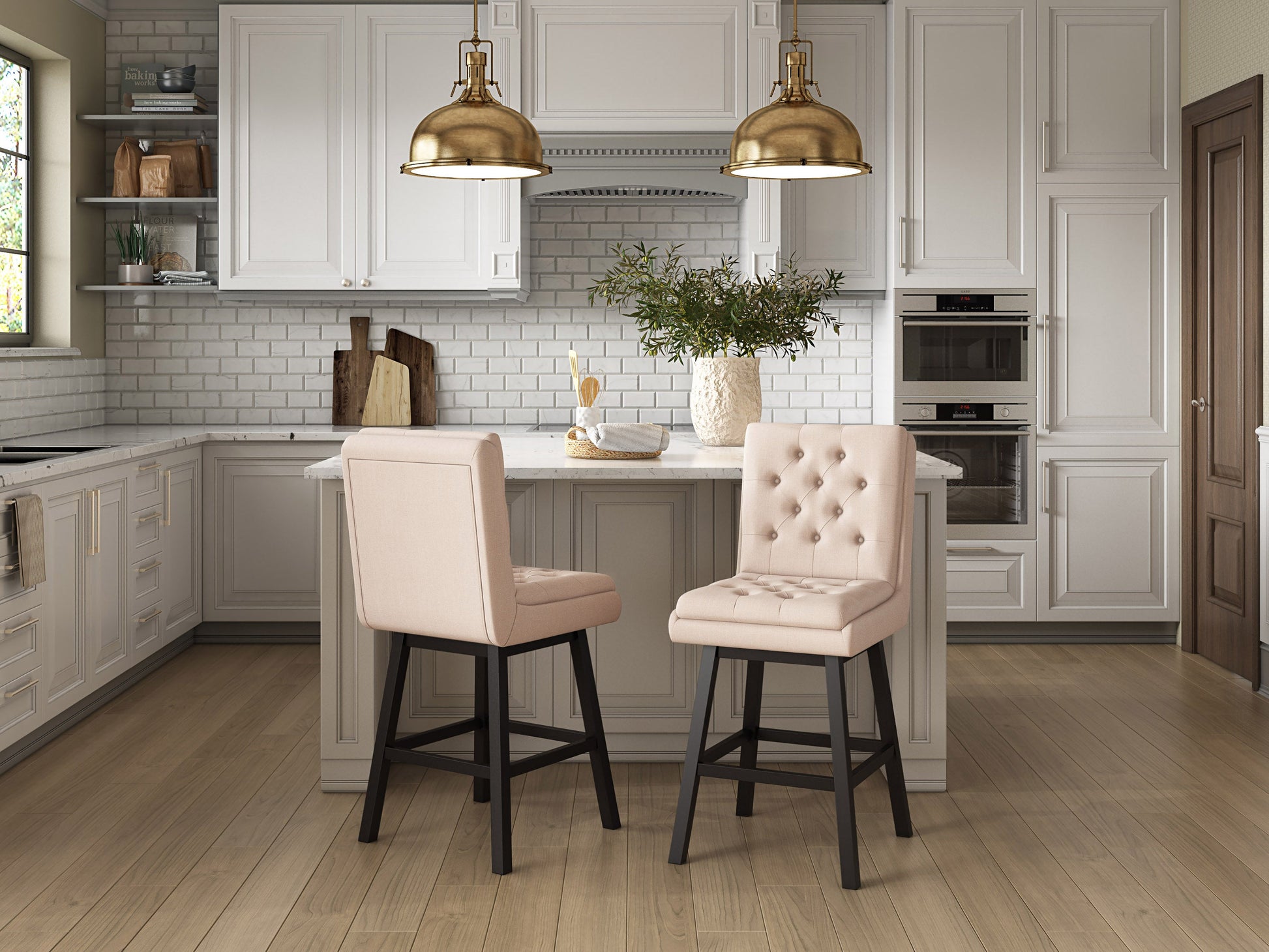 beige and dark brown Cushioned Bar Stools Set of 2 Leilani Collection lifestyle scene by CorLivin#color_dpt-beige