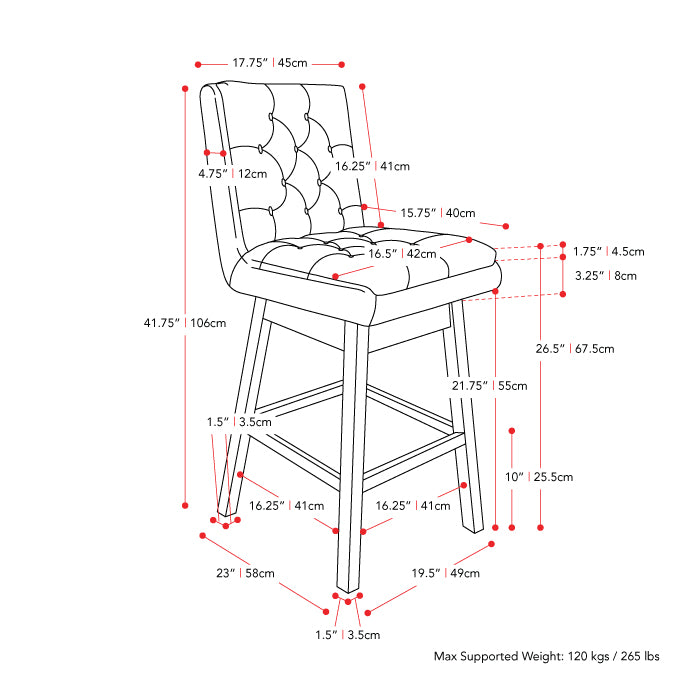 navy blue and dark brown Cushioned Bar Stools Set of 2 Leilani Collection measurements diagram by CorLiving#color_dpt-blue