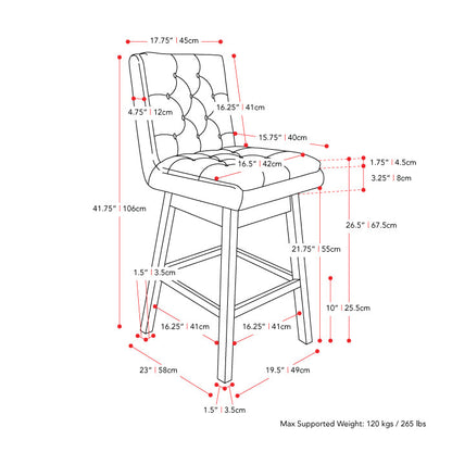 light grey and dark brown Cushioned Bar Stools Set of 2 Leilani Collection measurements diagram by CorLiving#color_dpt-grey