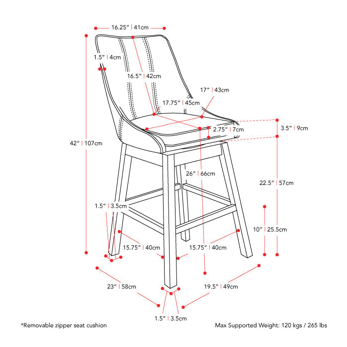 dark grey and brown High Back Bar Stools Set of 2 Luca Collection measurements diagram by CorLiving#color_dpt-dark-grey