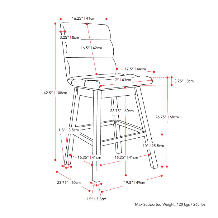 beige and brown Wood Bar Stools Set of 2 Lilibet Collection measurements diagram by CorLiving#color_dpt-beige