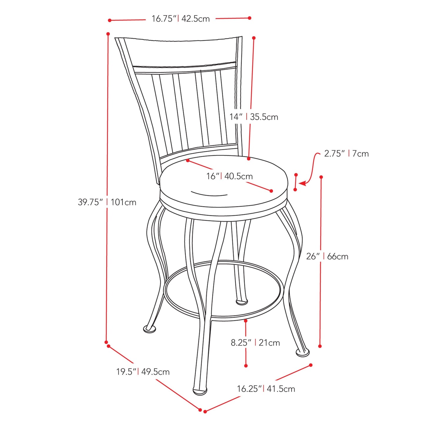 dark brown Metal Bar Stool with Back CorLiving Collection measurements diagram by CorLiving#color_dark-brown