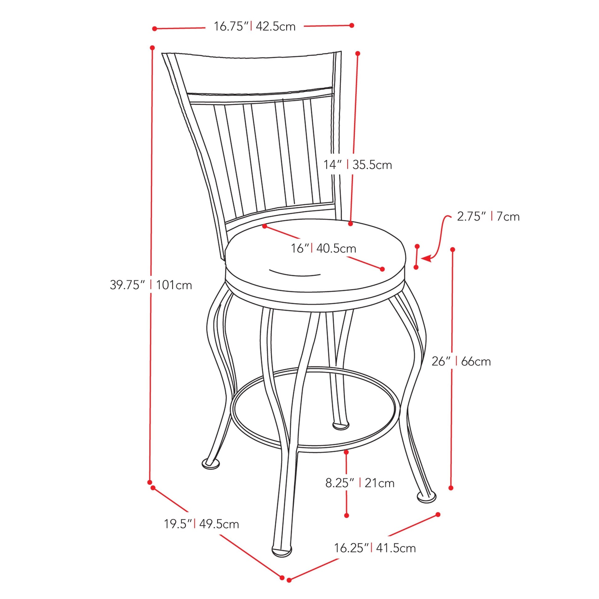 dark brown Metal Bar Stool with Back CorLiving Collection measurements diagram by CorLiving#color_dark-brown