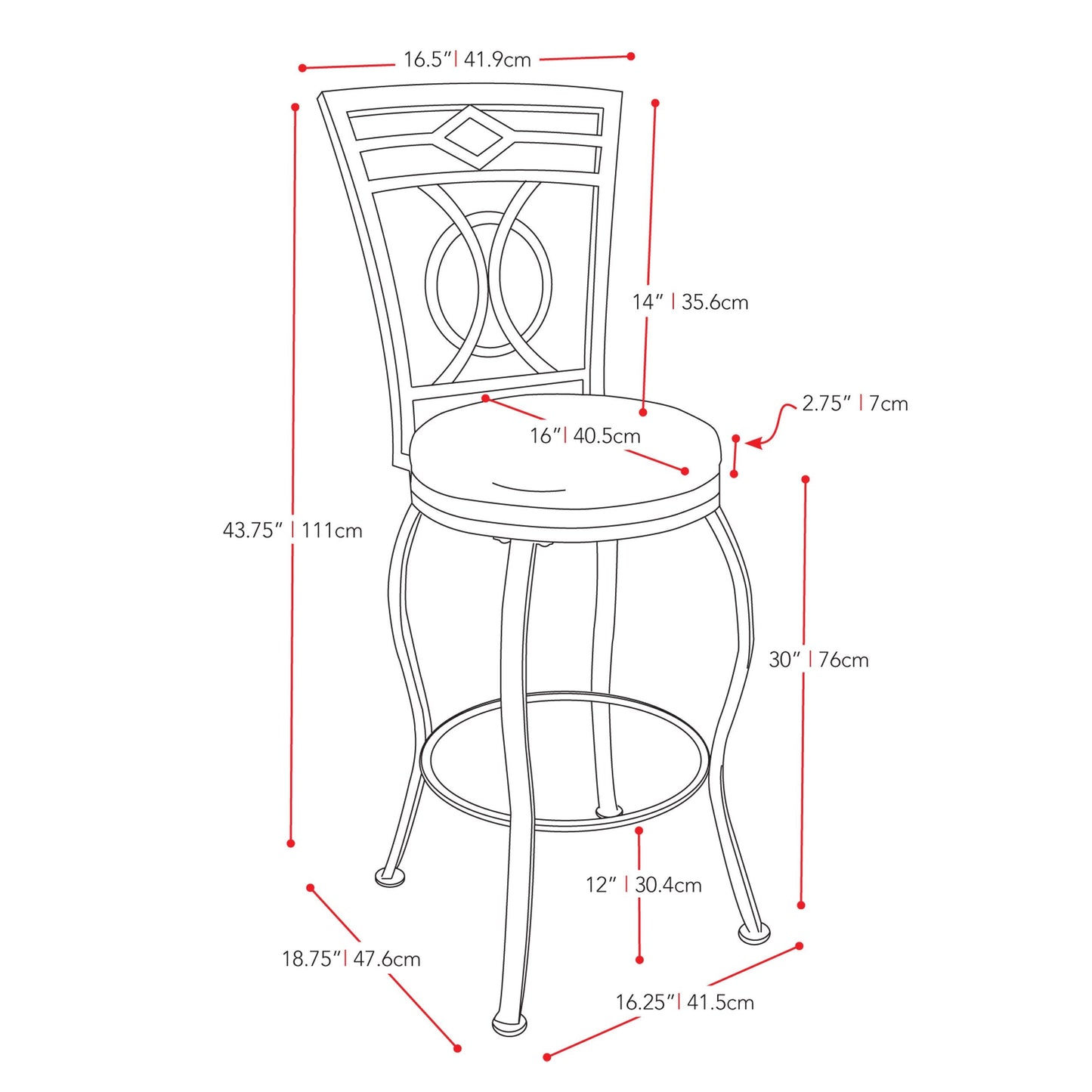 dark brown Metal Bar Stool Bar Height Jericho Collection measurements diagram by CorLiving#color_dark-brown