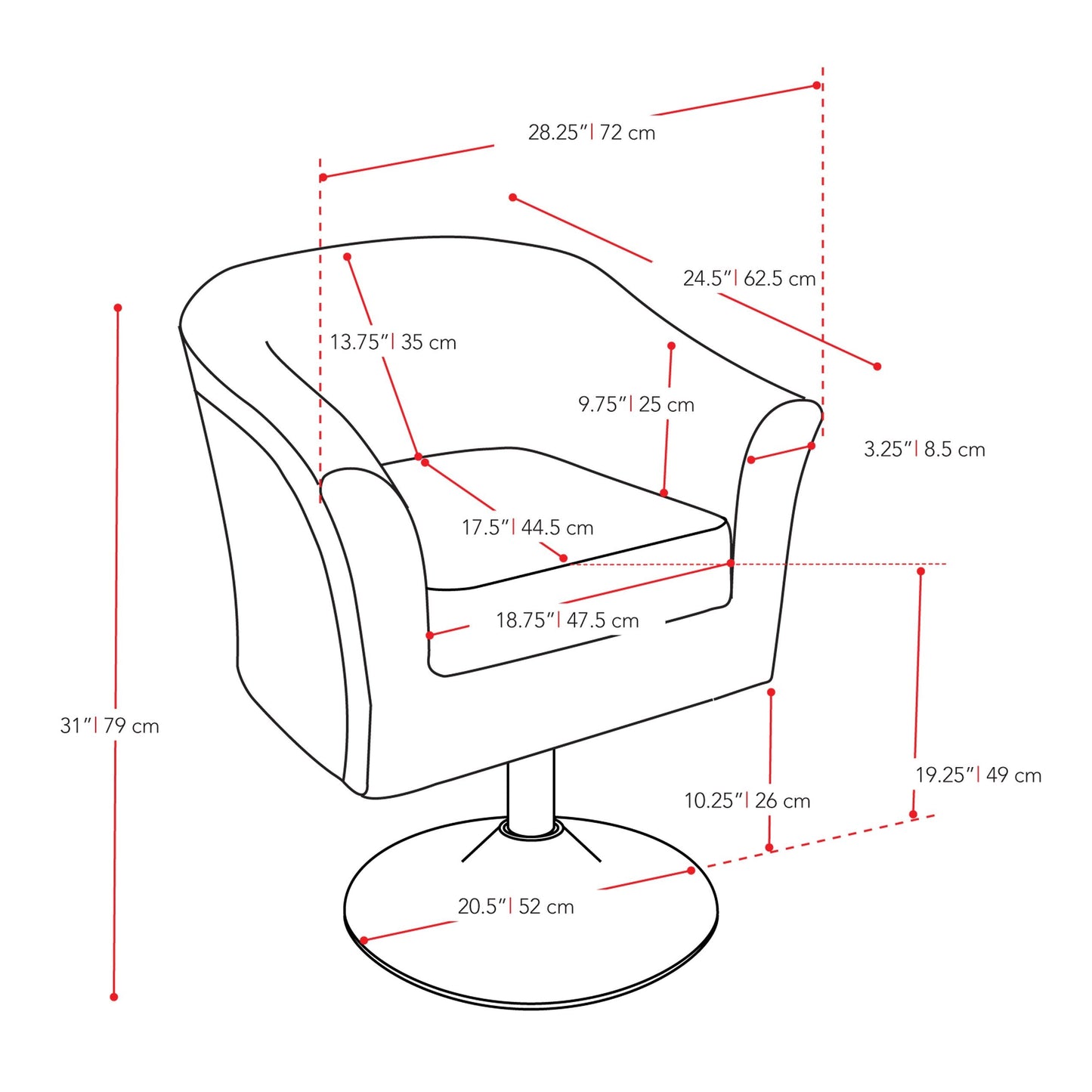 black Swivel Barrel Chair CorLiving Collection measurements diagram by CorLiving#color_black