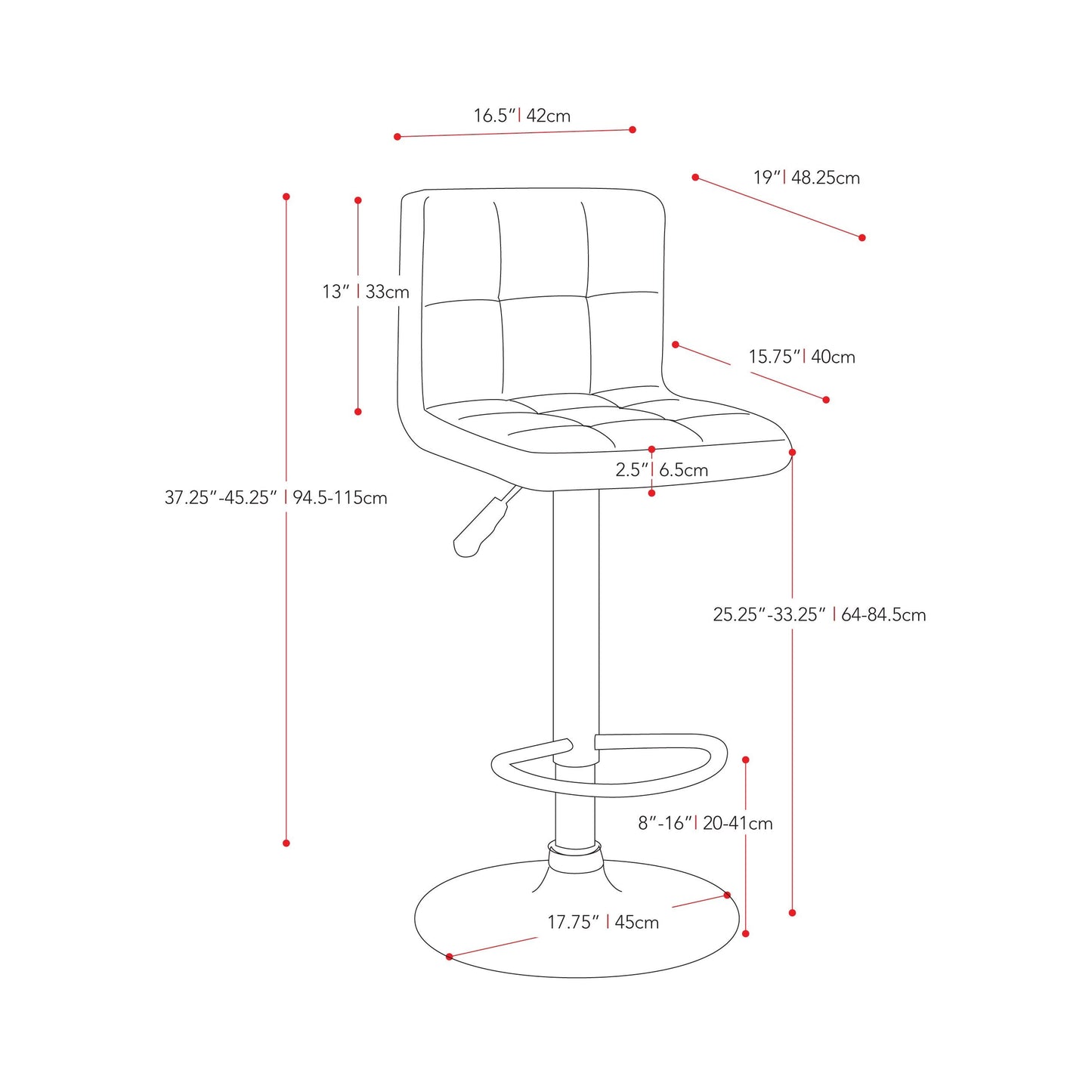 cream Adjustable Height Bar Stools Set of 2 CorLiving Collection measurements diagram by CorLiving#color_cream