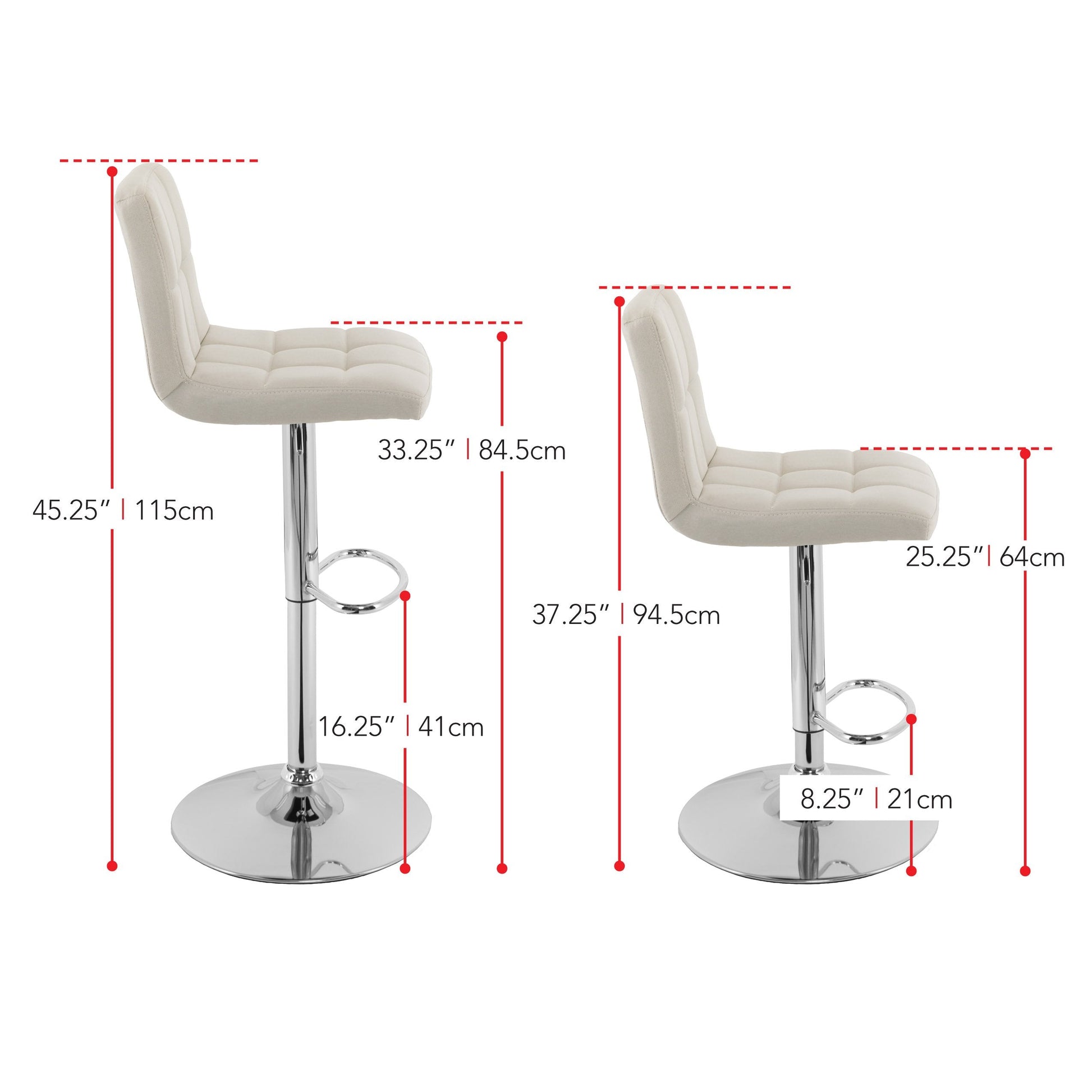 cream Adjustable Height Bar Stools Set of 2 CorLiving Collection measurements diagram by CorLiving#color_cream