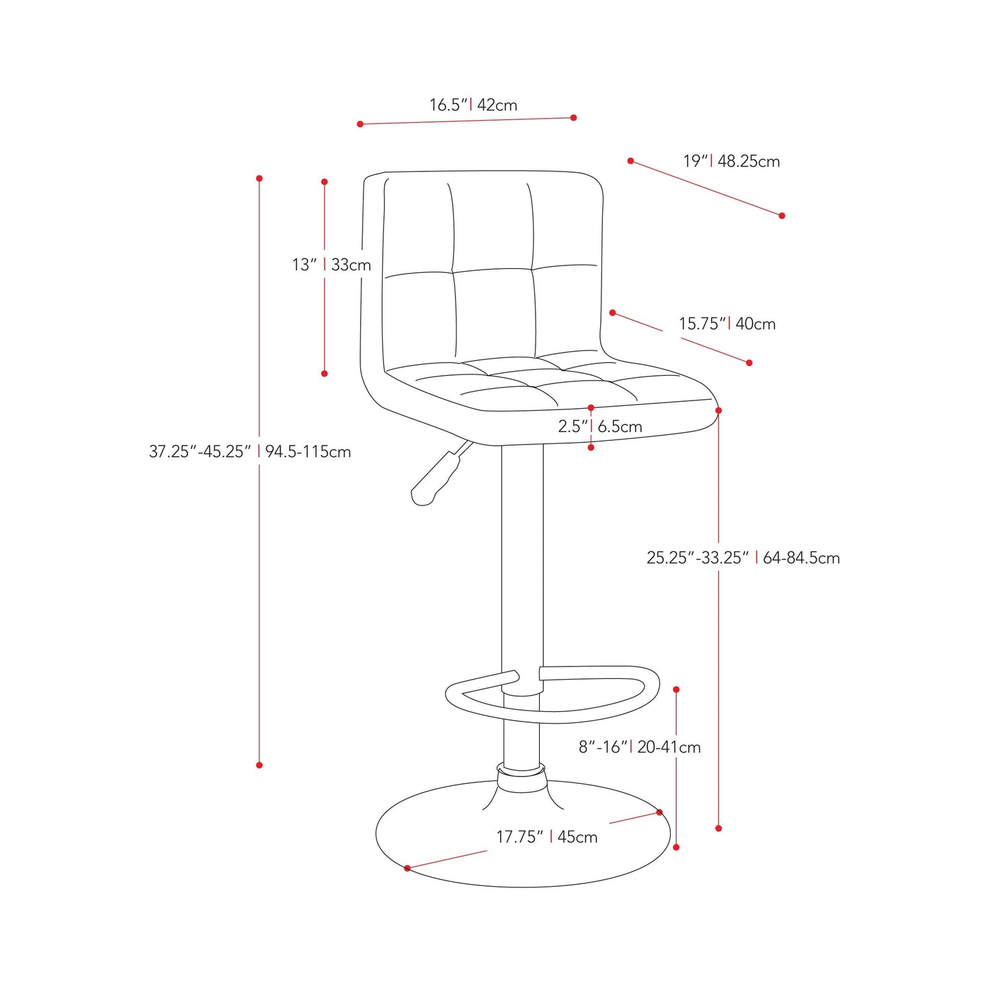 light grey Adjustable Height Bar Stools Set of 2 CorLiving Collection measurements diagram by CorLiving#color_light-grey