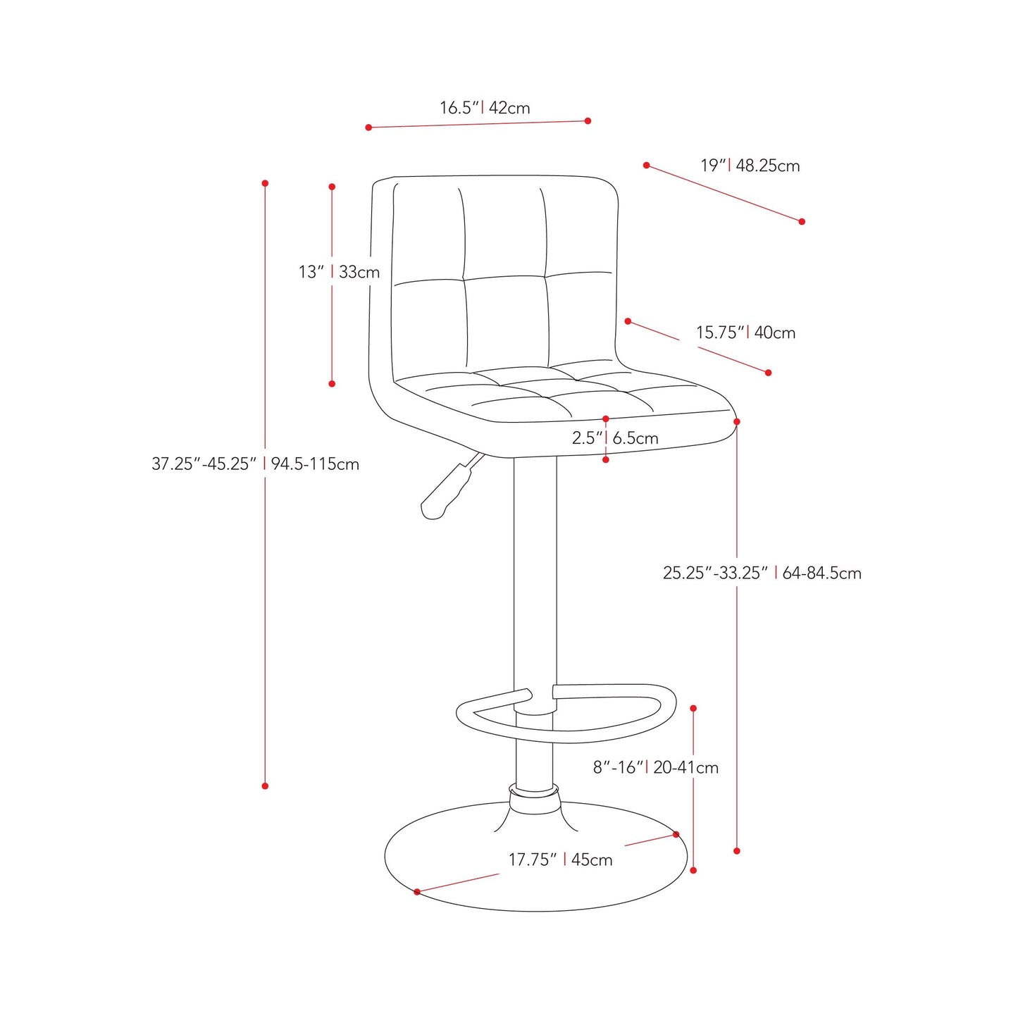 medium grey Adjustable Height Bar Stools Set of 2 CorLiving Collection measurements diagram by CorLiving#color_medium-grey