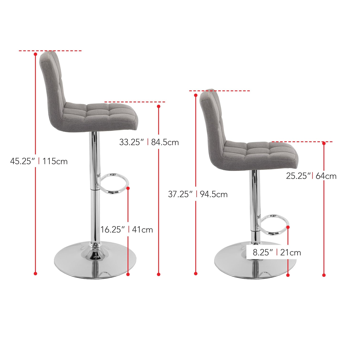 medium grey Adjustable Height Bar Stools Set of 2 CorLiving Collection measurements diagram by CorLiving#color_medium-grey