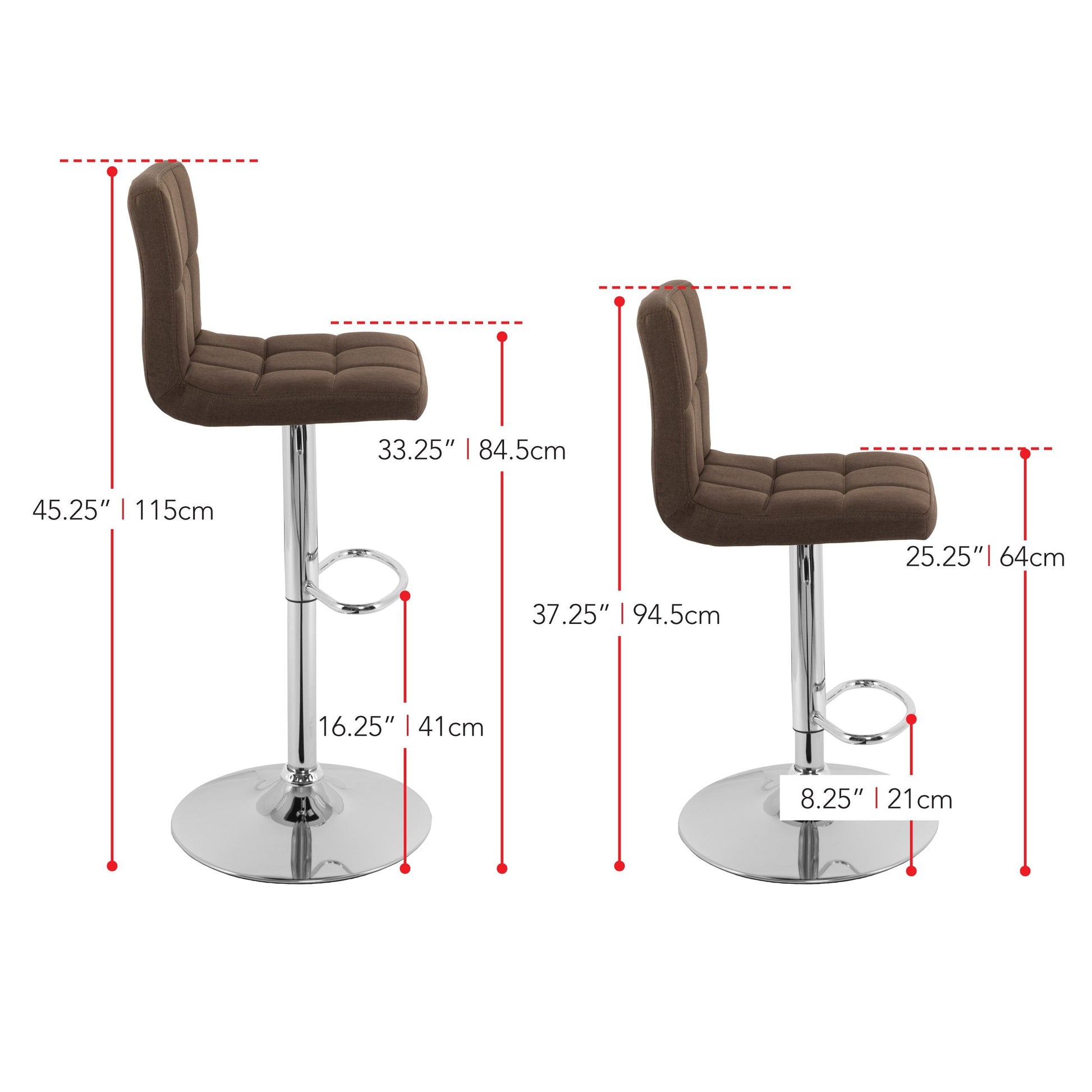 dark brown Adjustable Height Bar Stools Set of 2 CorLiving Collection measurements diagram by CorLiving#color_dark-brown