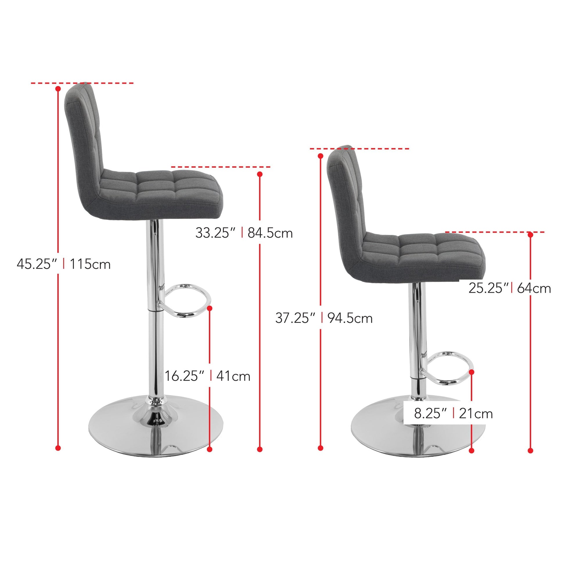 grey Adjustable Height Bar Stools Set of 2 CorLiving Collection measurements diagram by CorLiving#color_grey