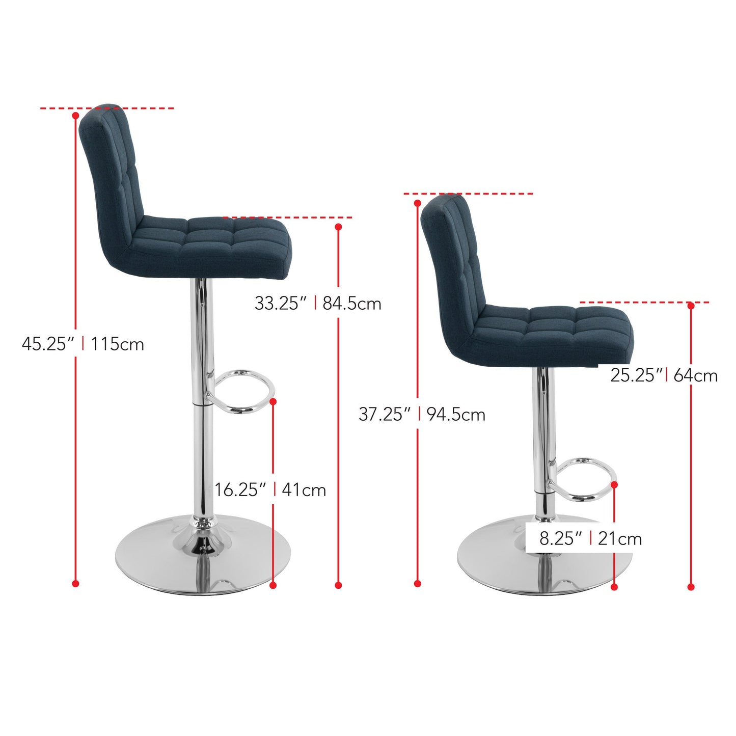 dark blue Adjustable Height Bar Stools Set of 2 CorLiving Collection measurements diagram by CorLiving#color_dark-blue