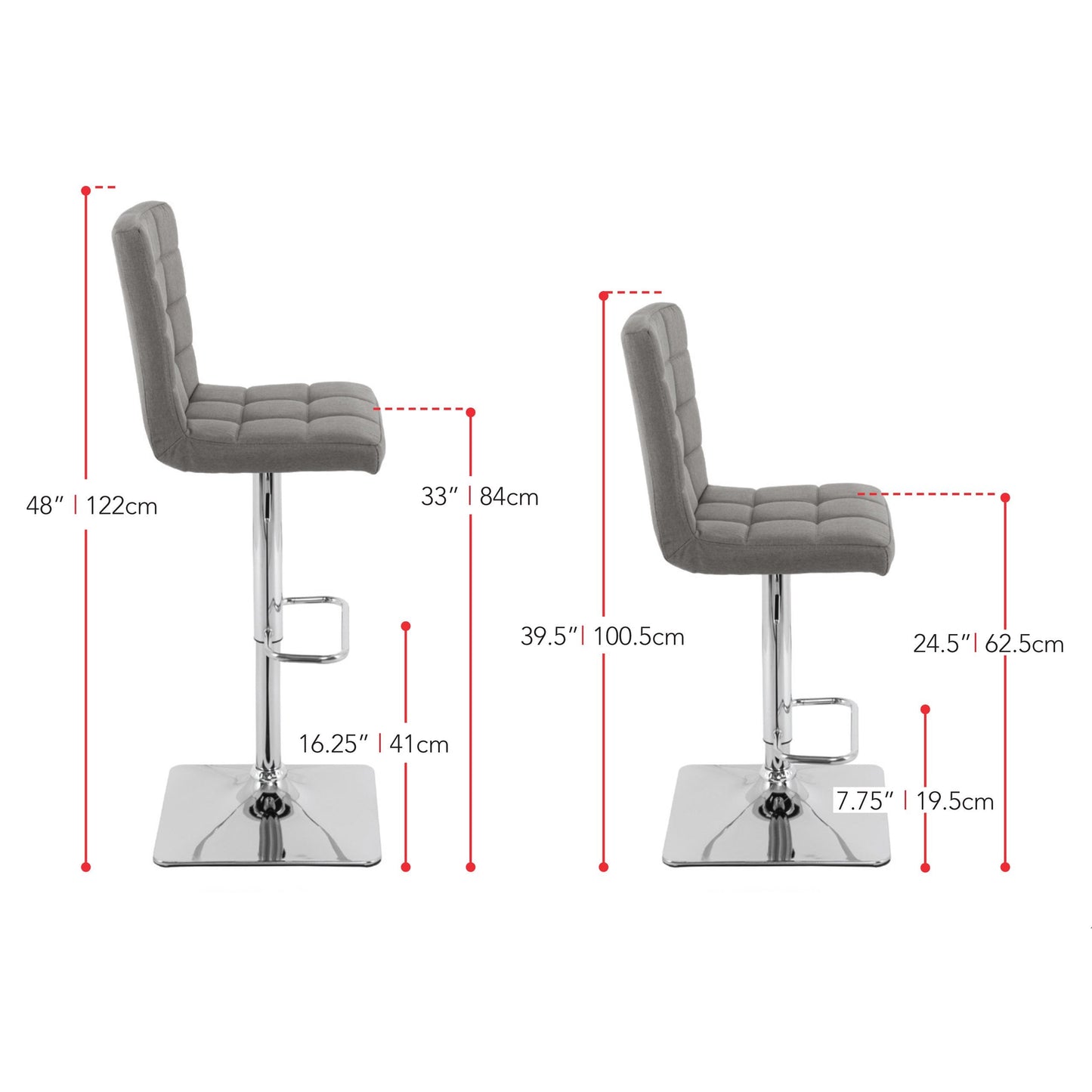 medium grey High Back Bar Stools Set of 2 Quinn Collection measurements diagram by CorLiving#color_medium-grey