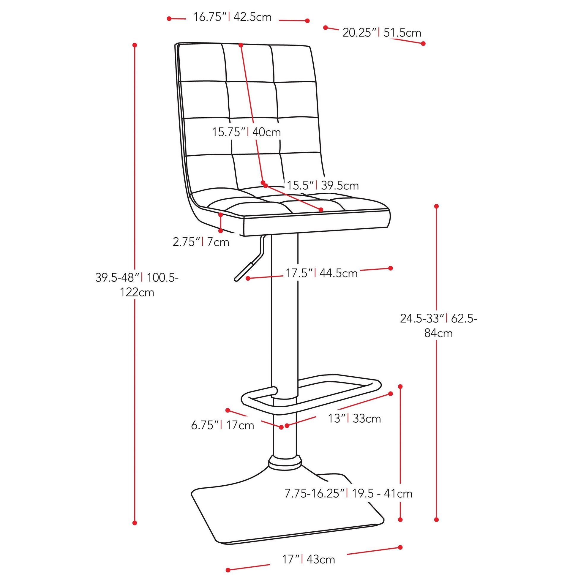 grey High Back Bar Stools Set of 2 Quinn Collection measurements diagram by CorLiving#color_grey