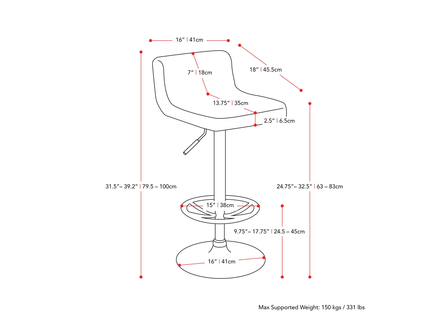 black Low Back Bar Stools Set of 2 Atlas Collection measurements diagram by CorLiving#color_black