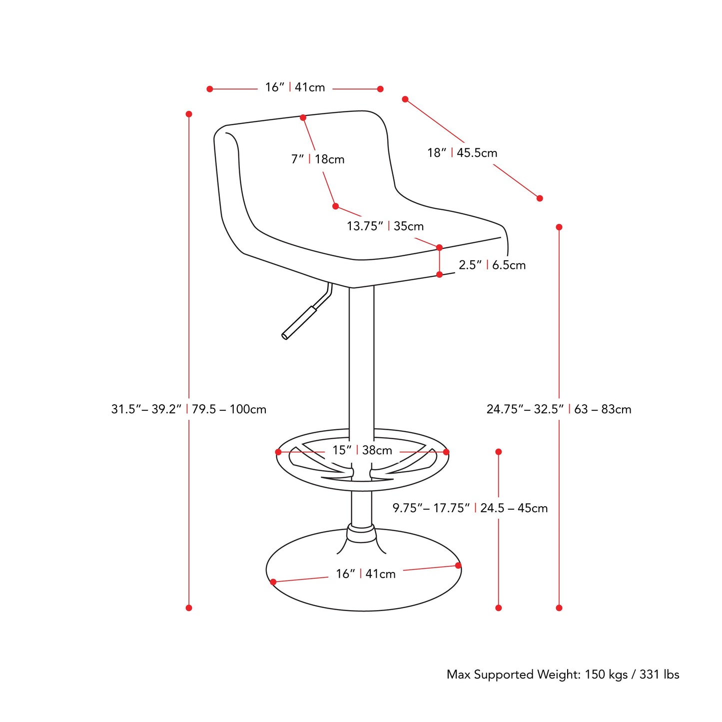 red Low Back Bar Stools Set of 2 Atlas Collection measurements diagram by CorLiving#color_red