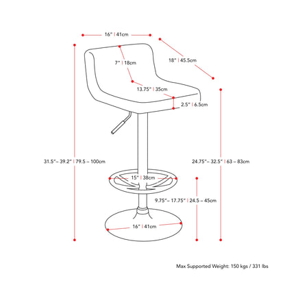 red Low Back Bar Stools Set of 2 Atlas Collection measurements diagram by CorLiving#color_red