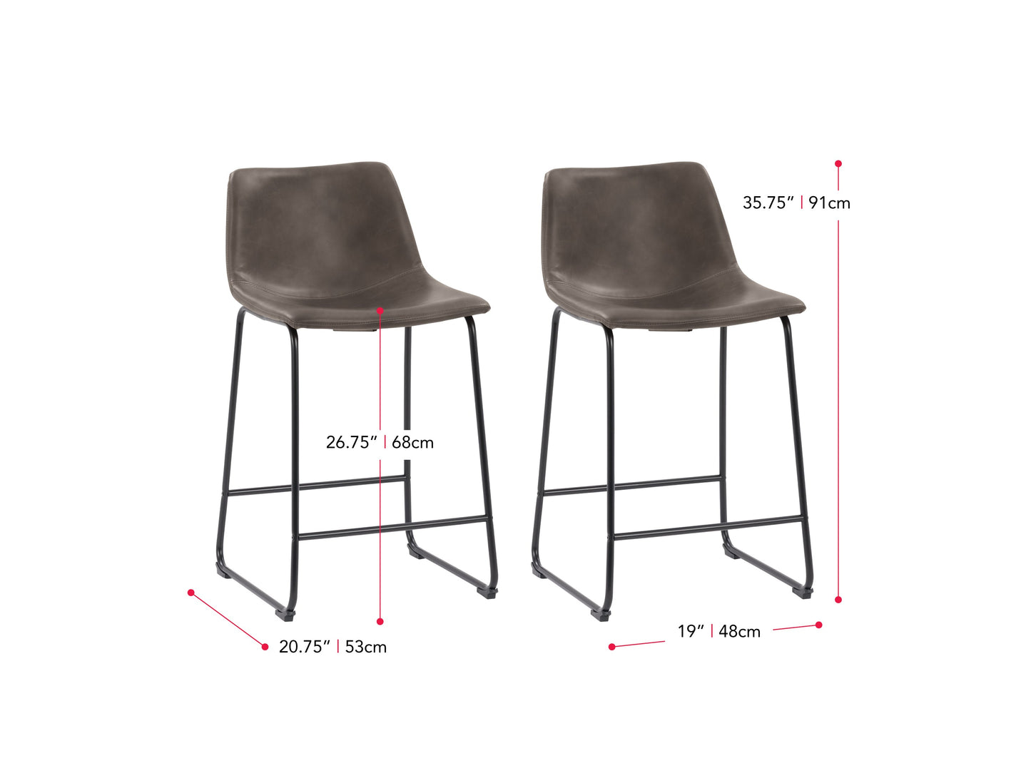 grey Metal Bar Stools Set of 2 Ryder Collection measurements diagram by CorLiving#color_grey